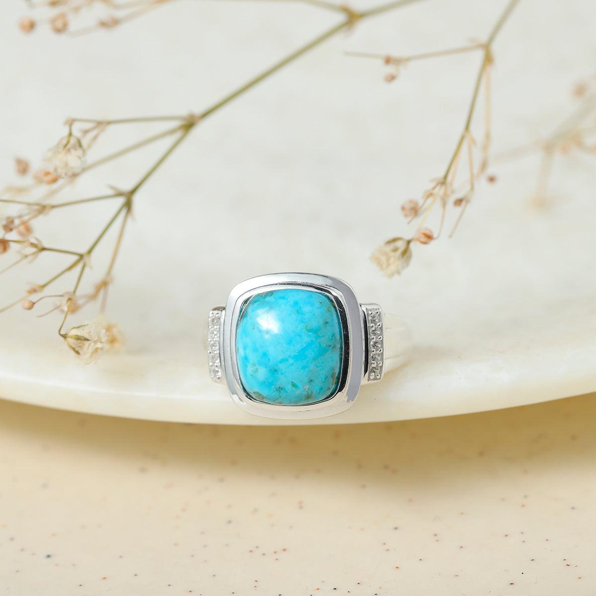 Turquoise & White Zircon Ring in 925 Sterling Silver - YoTreasure
