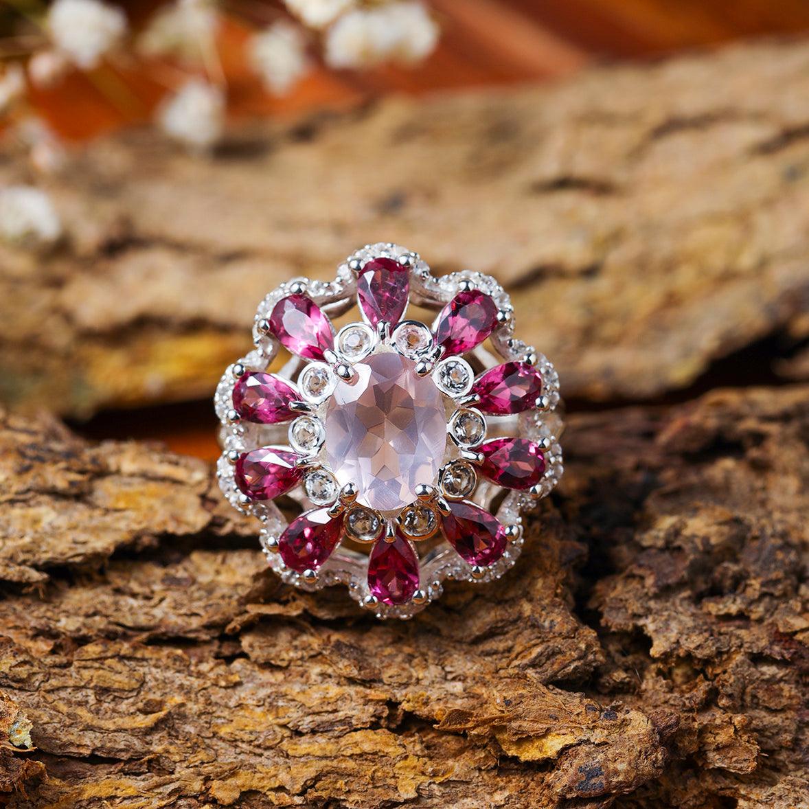 Ross Quartz & Rhodolite Garnet Solid 925 Sterling Silver Ring - YoTreasure