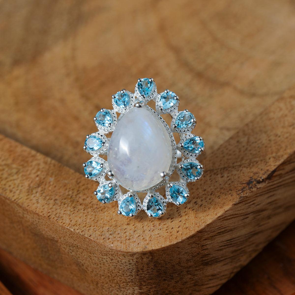 Moonstone & Swiss Blue Topaz Solid 925 Sterling Silver Statement Ring - YoTreasure