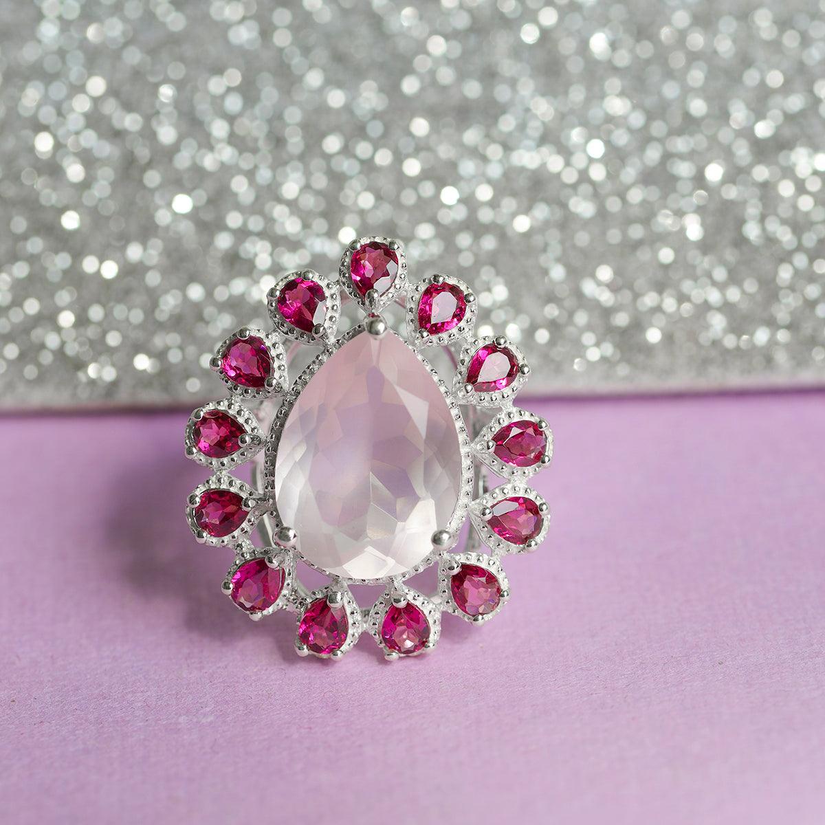 Rose Quartz & Rhodolite Garnet Solid 925 Sterling Silver Bold Ring - YoTreasure