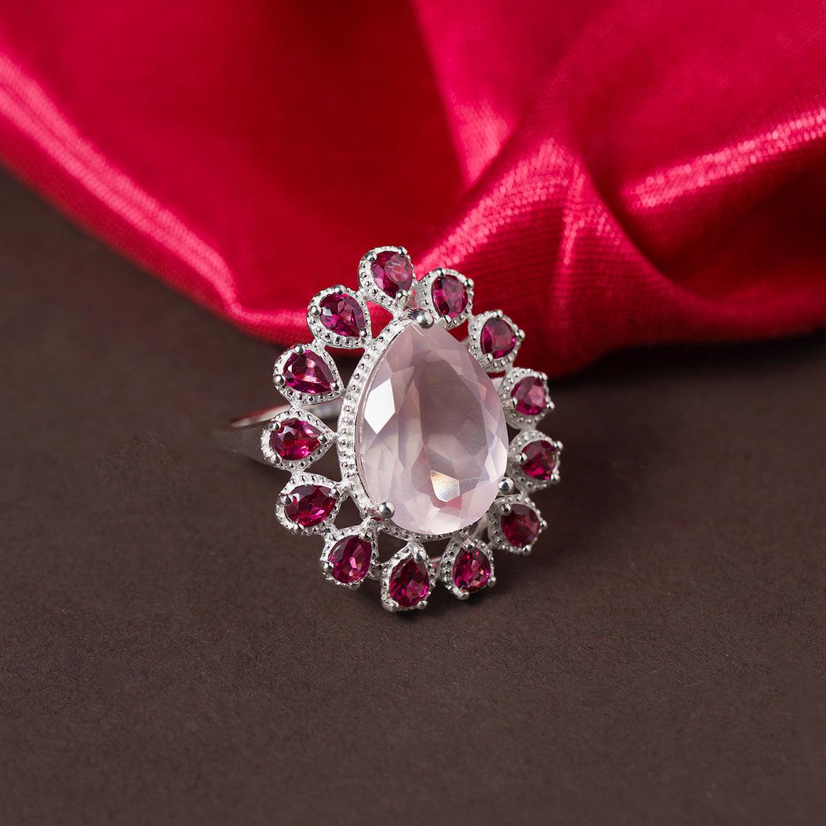 Rose Quartz & Rhodolite Garnet Solid 925 Sterling Silver Bold Ring - YoTreasure