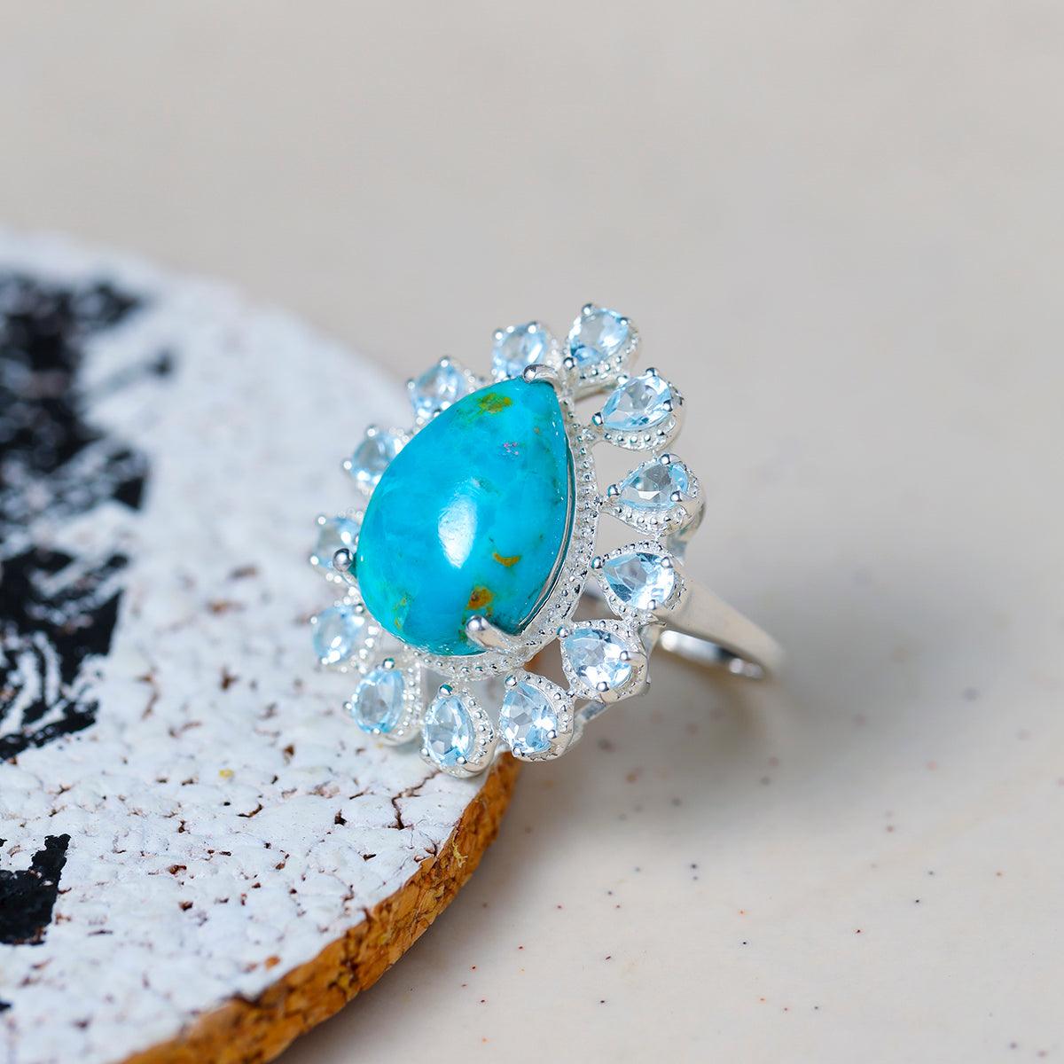 Turquoise & Sky Blue Topaz Solid 925 Sterling Silver Statement Ring - YoTreasure