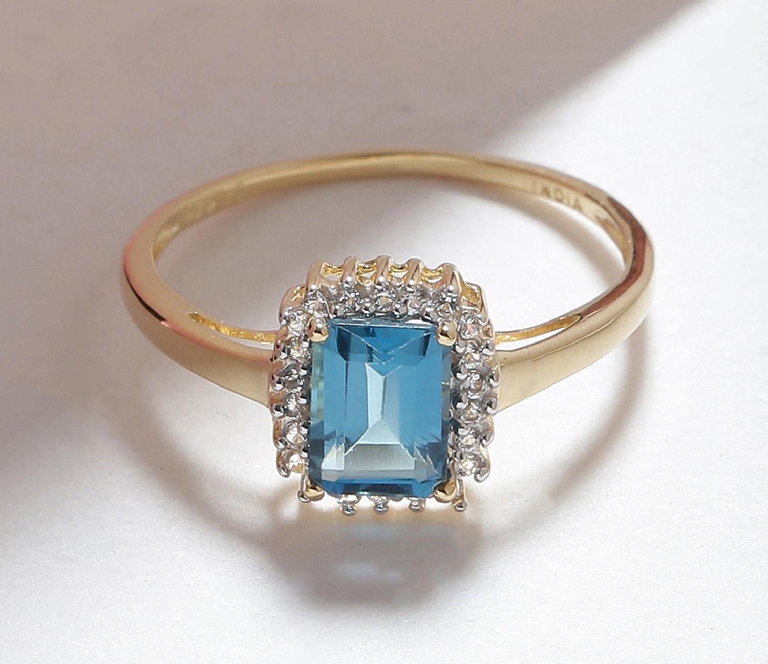 Swiss Blue Topaz White Topaz Solid 10K Yellow Gold Gemstone Ring - YoTreasure