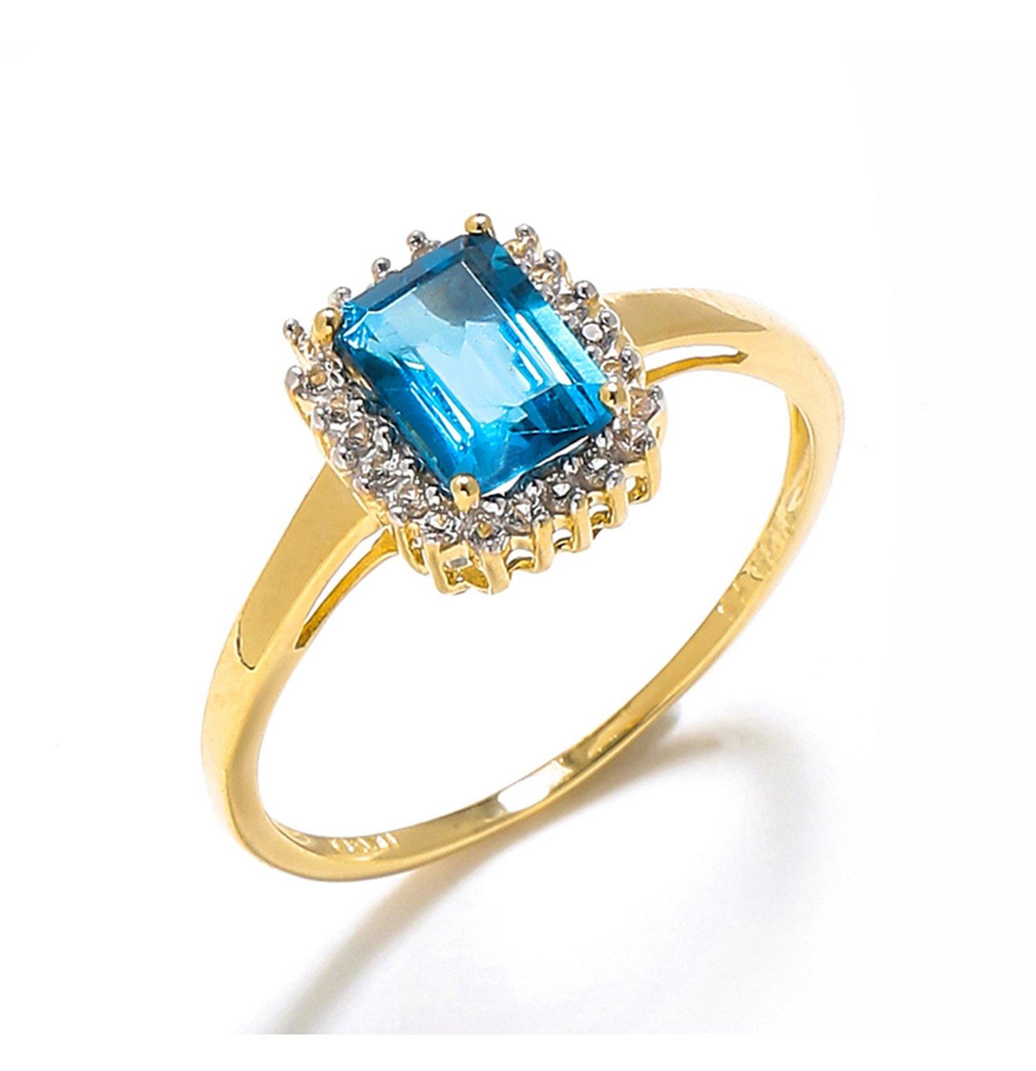 Swiss Blue Topaz White Topaz Solid 10K Yellow Gold Gemstone Ring - YoTreasure