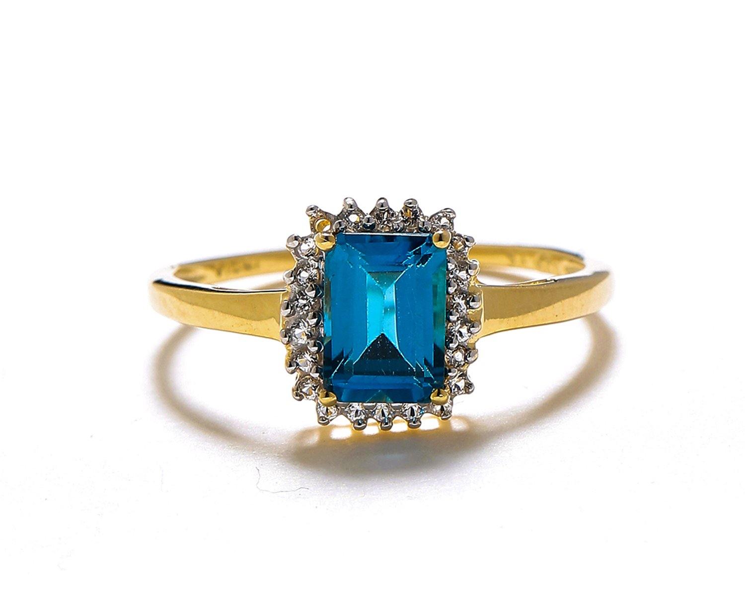 Swiss Blue Topaz White Topaz Solid 10K Yellow Gold Gemstone Ring - YoTreasure