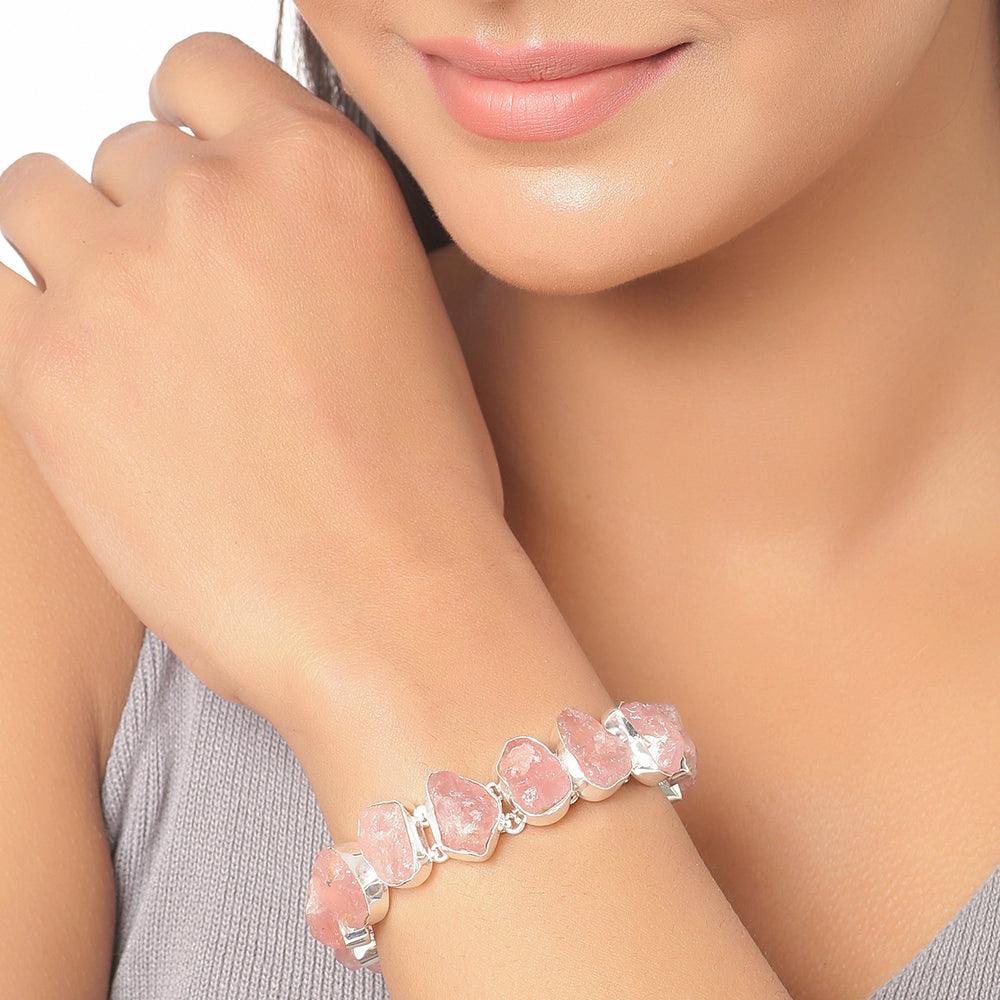 Raw Rose Quartz Solid 925 Sterling Silver Link Chain Bracelet Jewelry 8.5  Inch