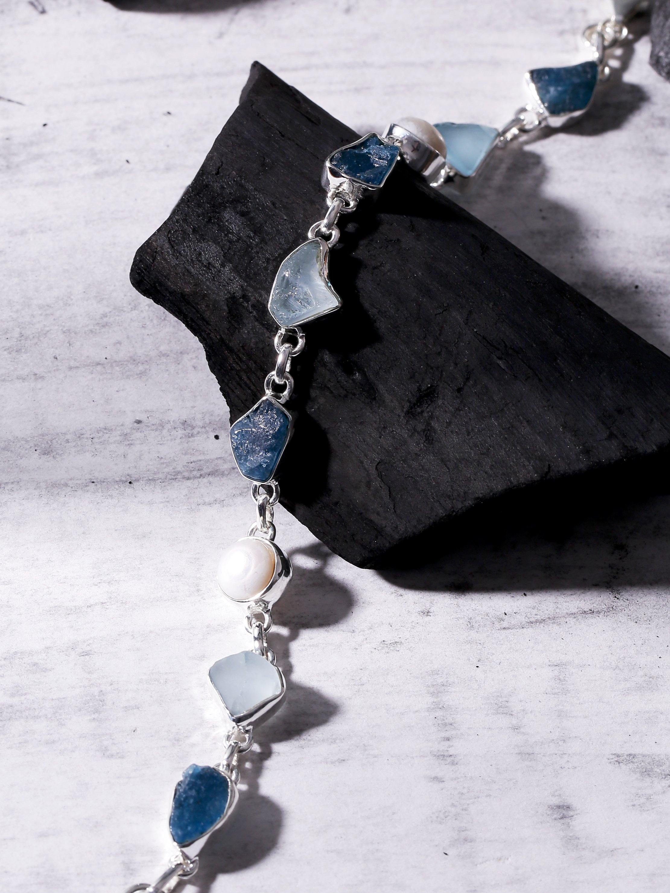 Blue Topaz Apatite Pearl Solid 925 Sterling Silver Link Bracelet Jewelry 8.5 Inch - YoTreasure