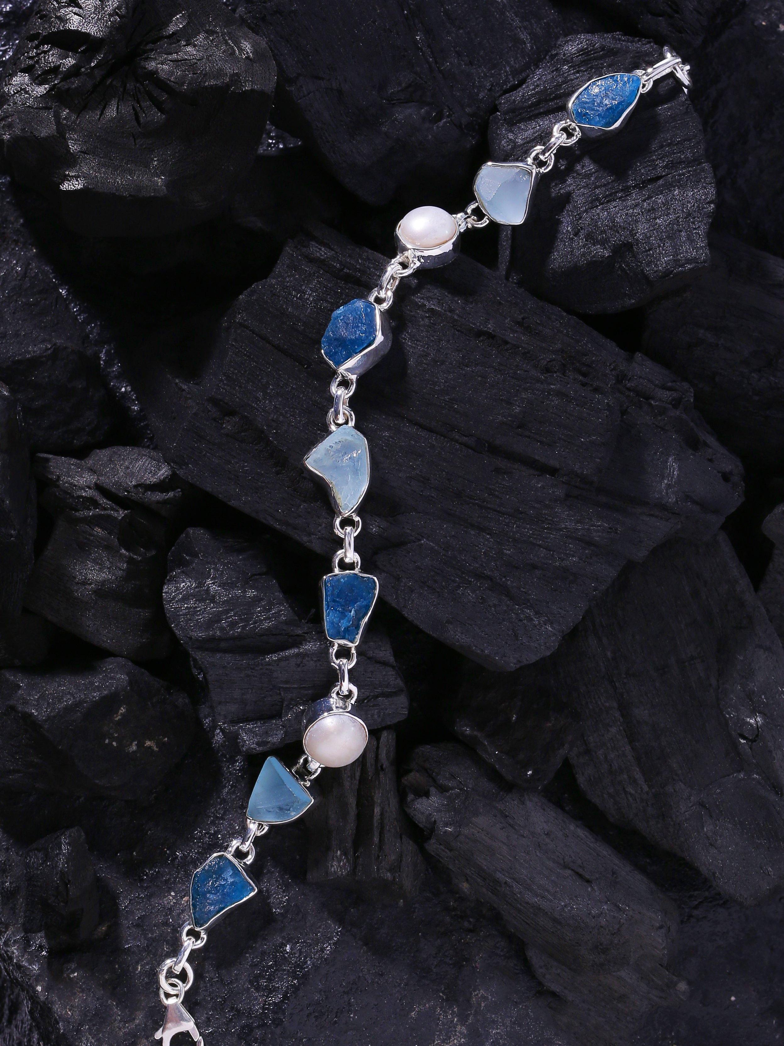 Blue Topaz Apatite Pearl Solid 925 Sterling Silver Link Bracelet Jewelry 8.5 Inch - YoTreasure