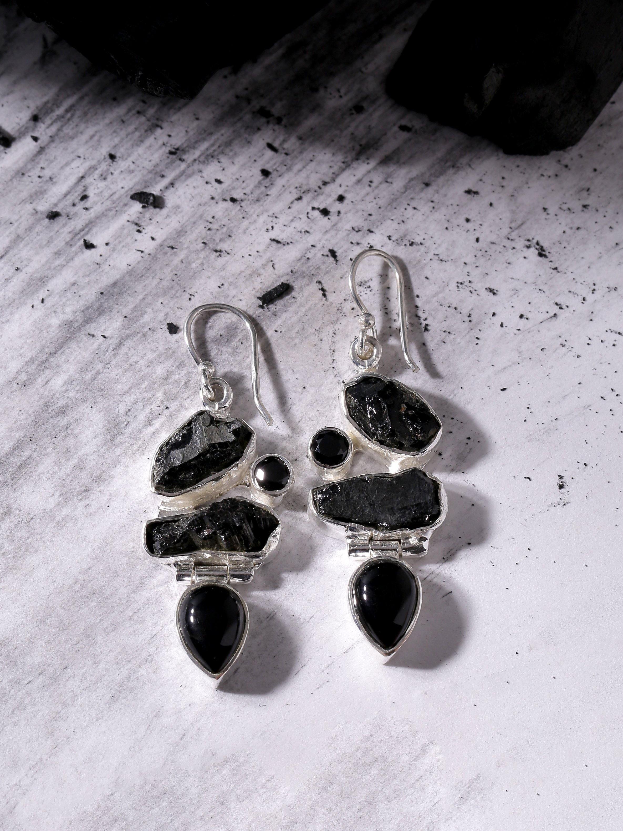 Rough Tourmaline Black Onyx Solid 925 Sterling Silver Dangle Earrings - YoTreasure