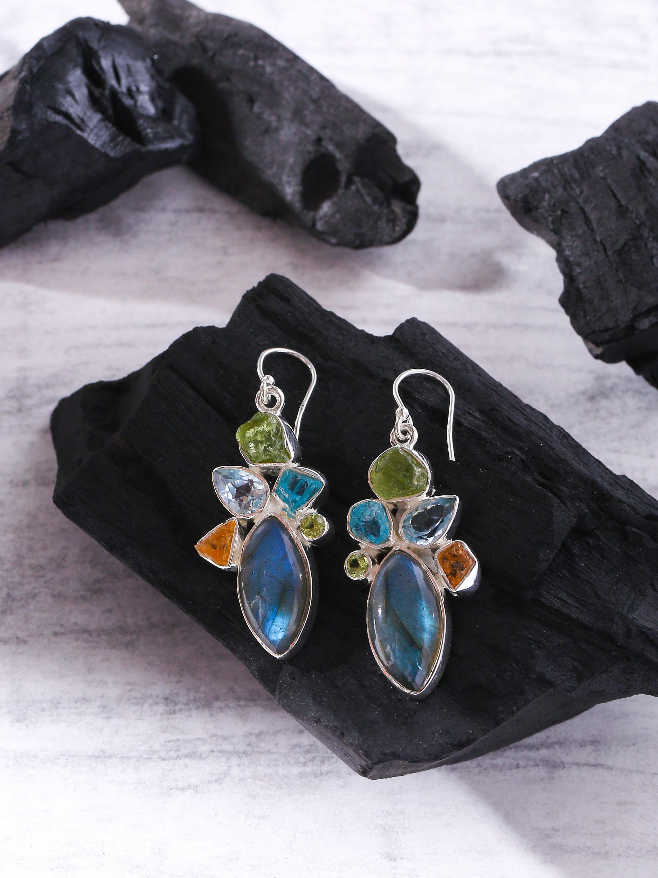 Labradorite Multi Gemstone Solid 925 Sterling Silver Dangle Earrings Jewelry - YoTreasure