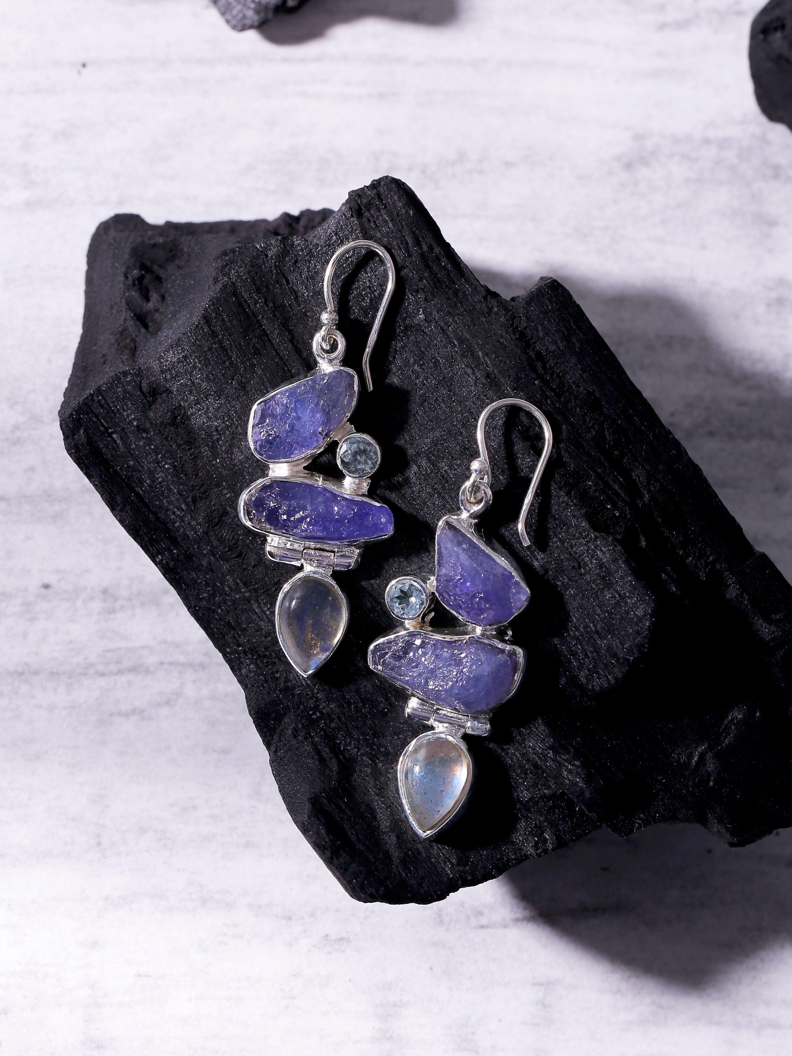 Raw Tanzanite Labradorite Solid 925 Sterling Silver Dangle Earrings - YoTreasure