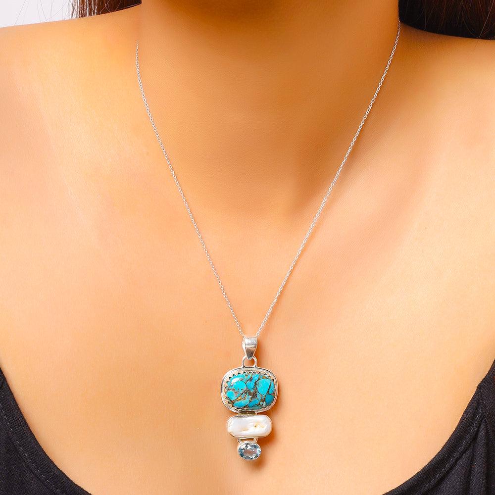 Blue Copper Turquoise Solid 925 Sterling Silver Chain Pendant Jewelry - YoTreasure