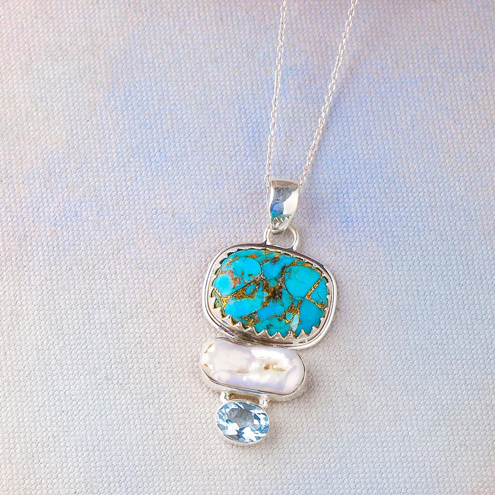 Blue Copper Turquoise Solid 925 Sterling Silver Chain Pendant Jewelry - YoTreasure