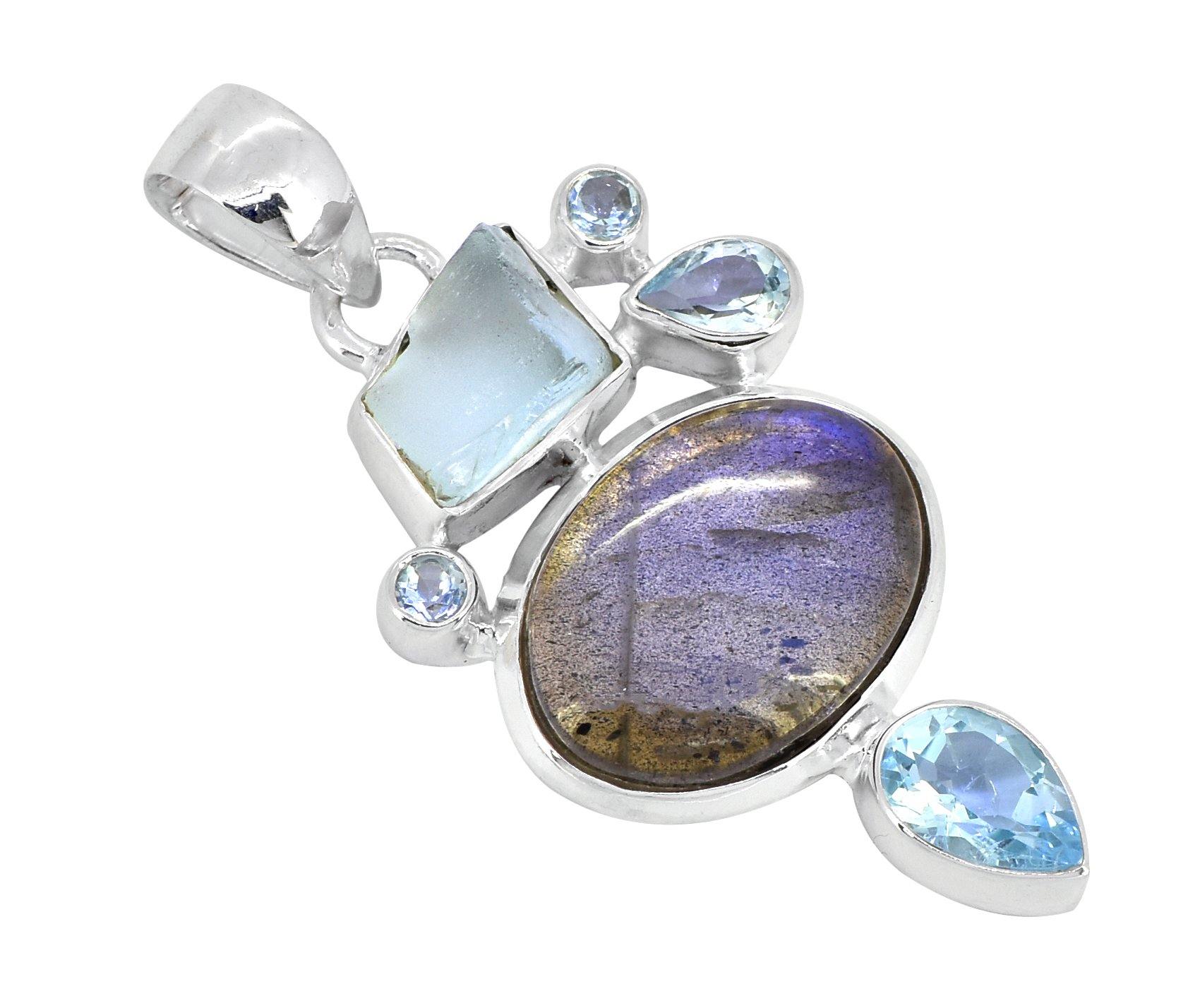 Labradorite Blue Topaz Solid 925 Sterling Silver Designer Chain Pendant Jewelry - YoTreasure