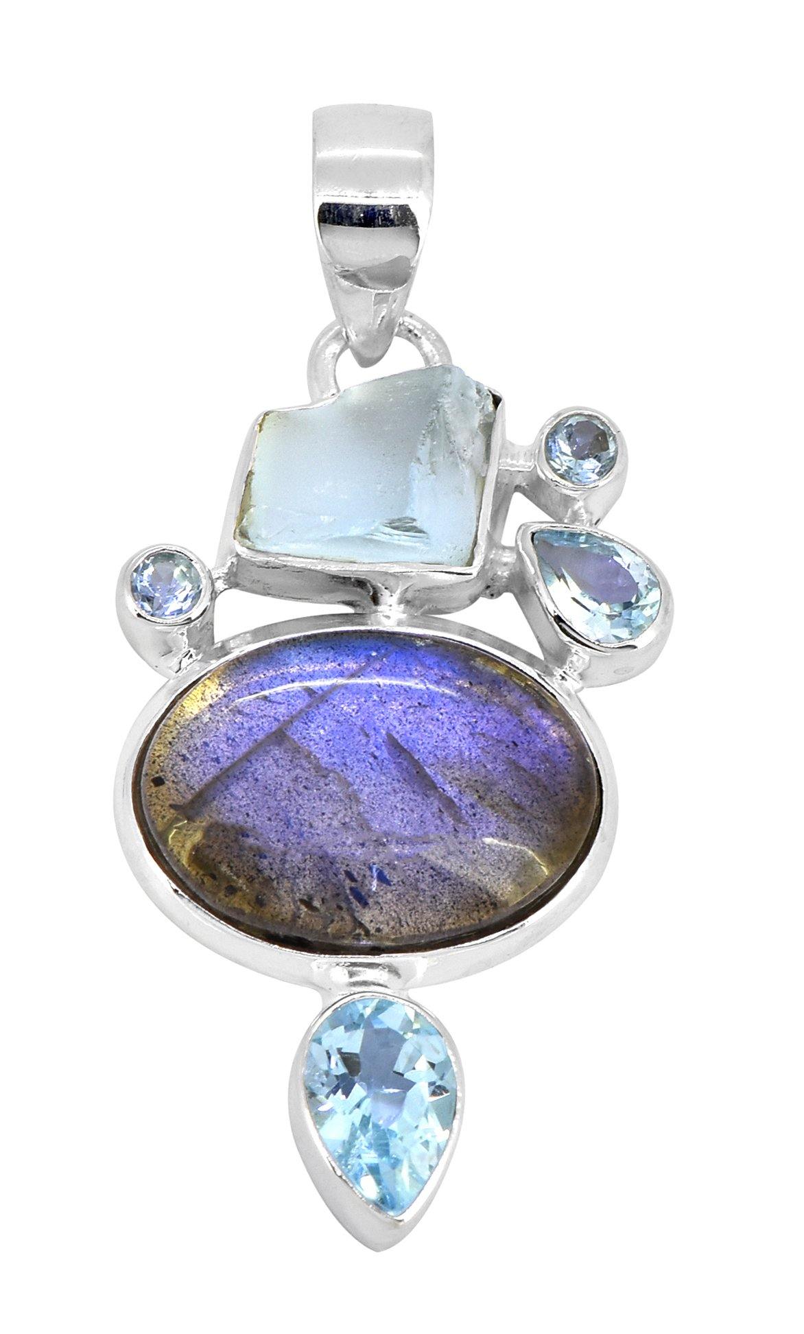 Labradorite Blue Topaz Solid 925 Sterling Silver Designer Chain Pendant Jewelry - YoTreasure