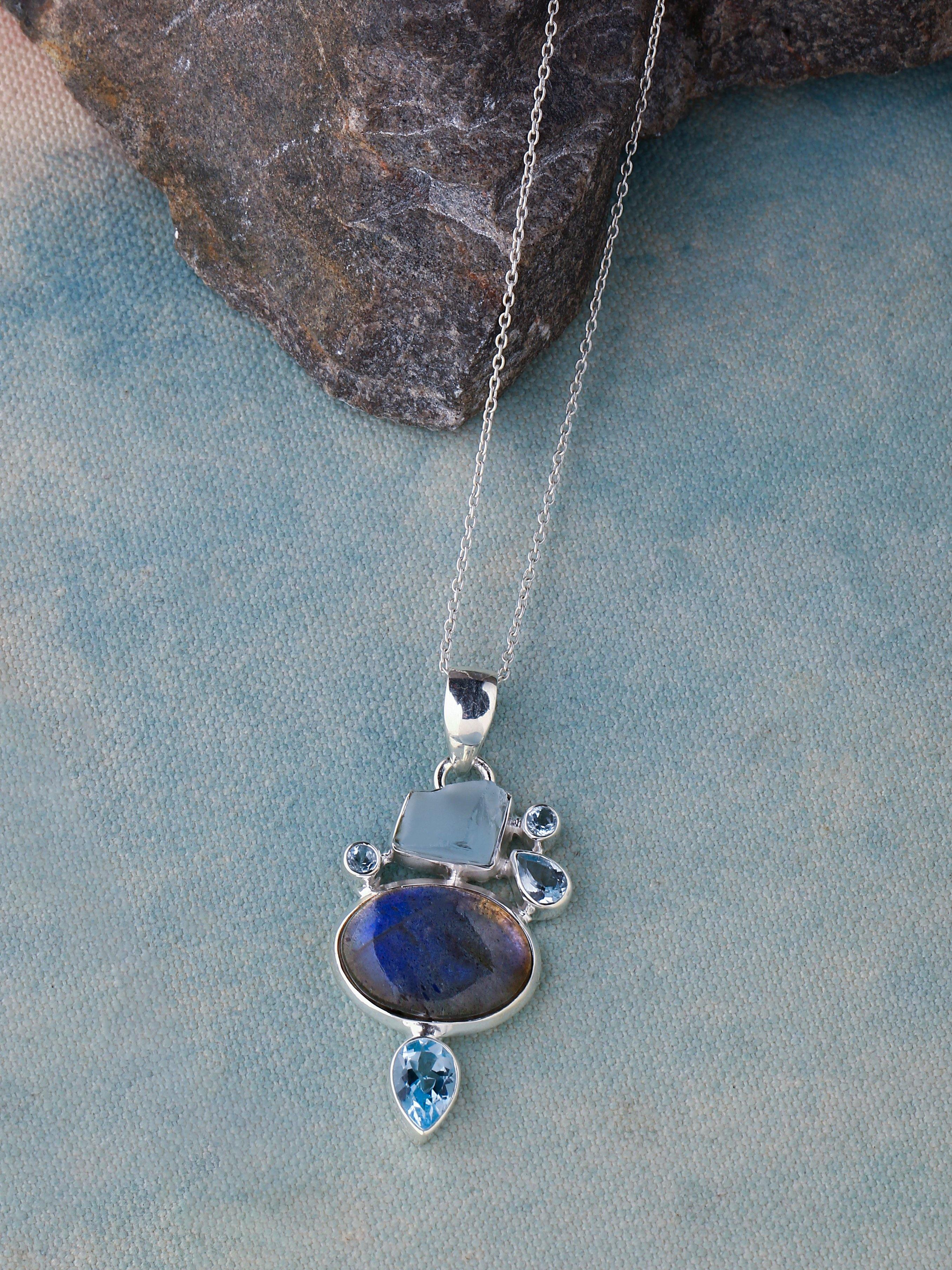 Labradorite Blue Topaz Solid 925 Sterling Silver Designer Chain Pendant Jewelry - YoTreasure