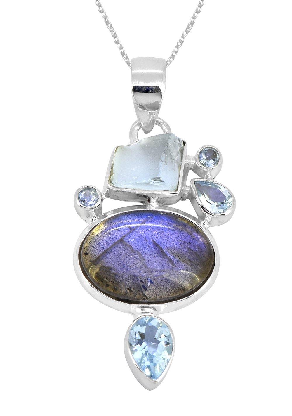 Labradorite Blue Topaz Solid 925 Sterling Silver Designer Chain Pendant Jewelry - YoTreasure