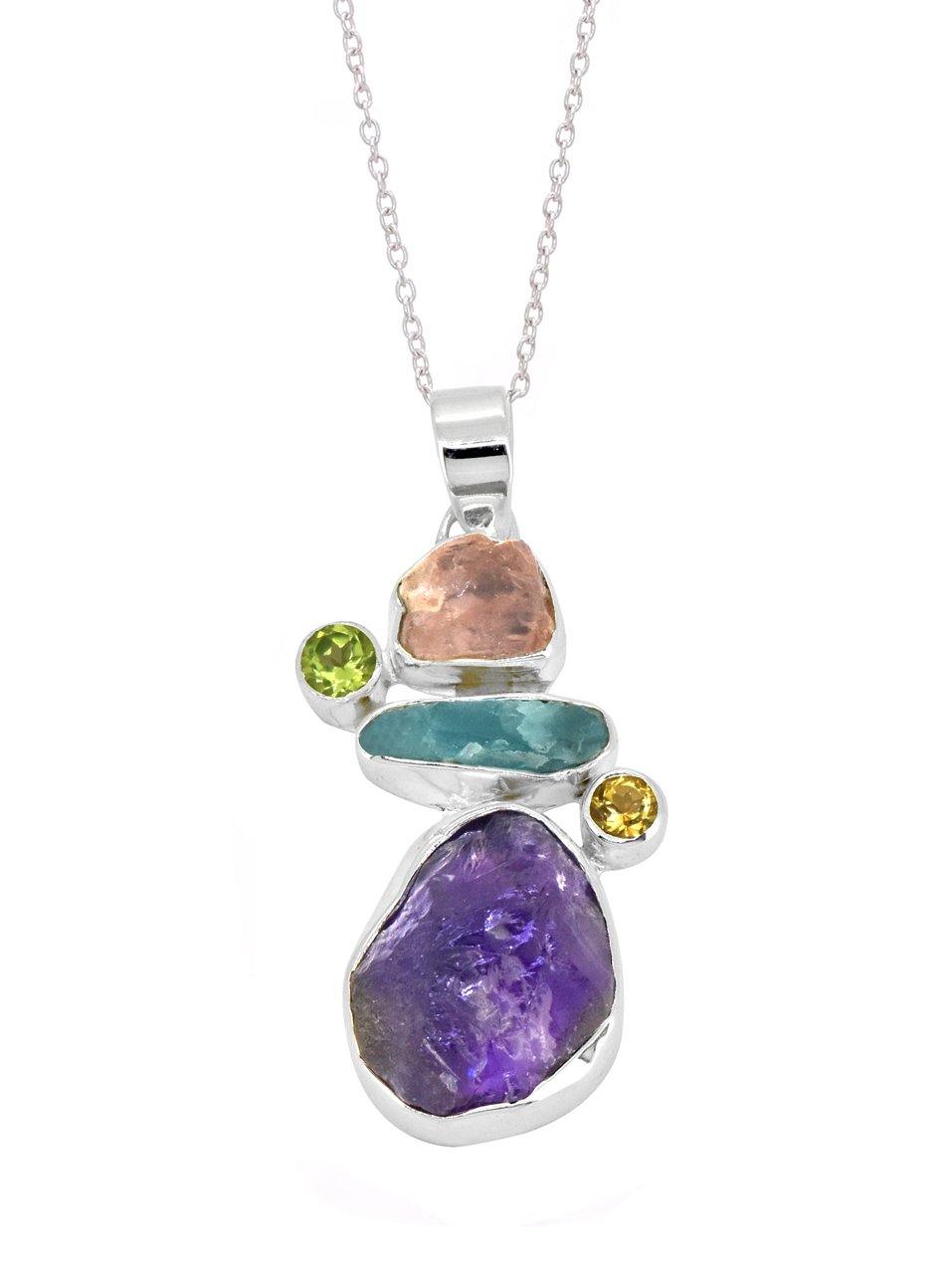 Raw Multi Gemstone Solid 925 Sterling Silver Chain Pendant Jewelry - YoTreasure