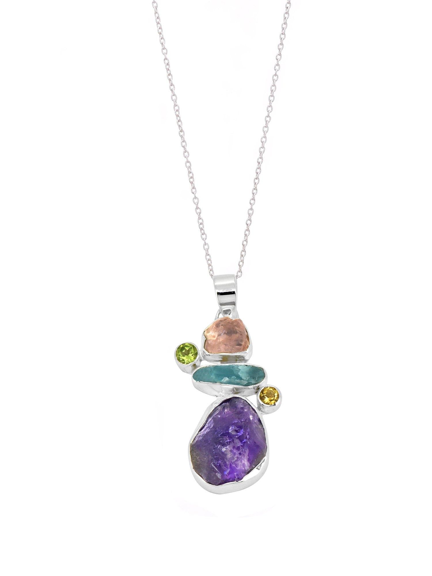 Raw Multi Gemstone Solid 925 Sterling Silver Chain Pendant Jewelry - YoTreasure