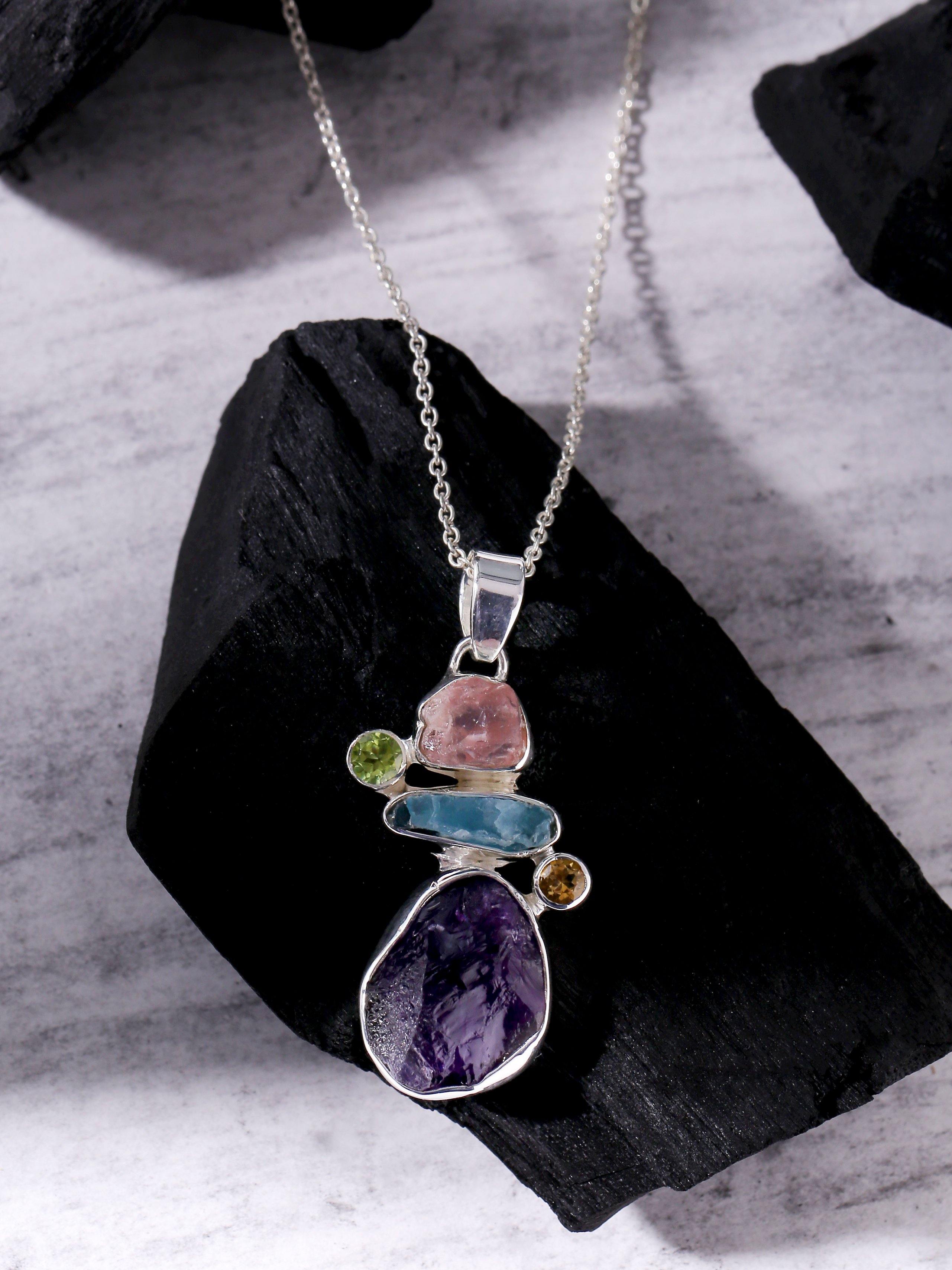 Raw Multi Gemstone Solid 925 Sterling Silver Chain Pendant Jewelry - YoTreasure