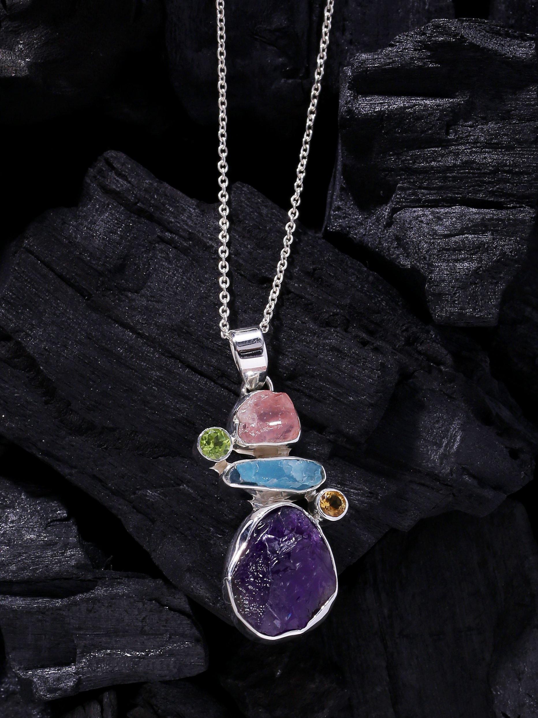 Raw Multi Gemstone Solid 925 Sterling Silver Chain Pendant Jewelry - YoTreasure