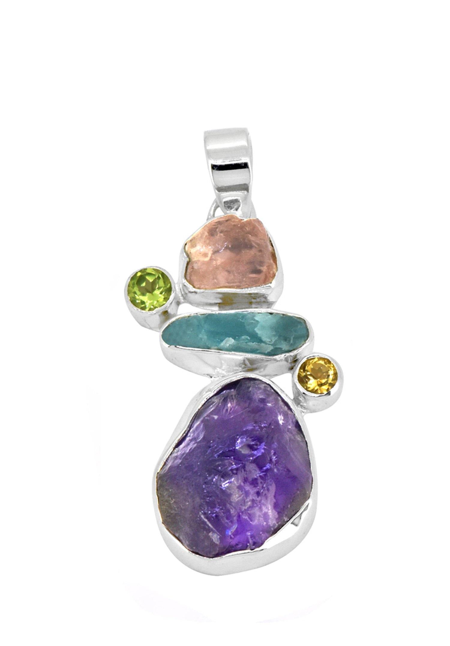 Raw Multi Gemstone Solid 925 Sterling Silver Chain Pendant Jewelry - YoTreasure