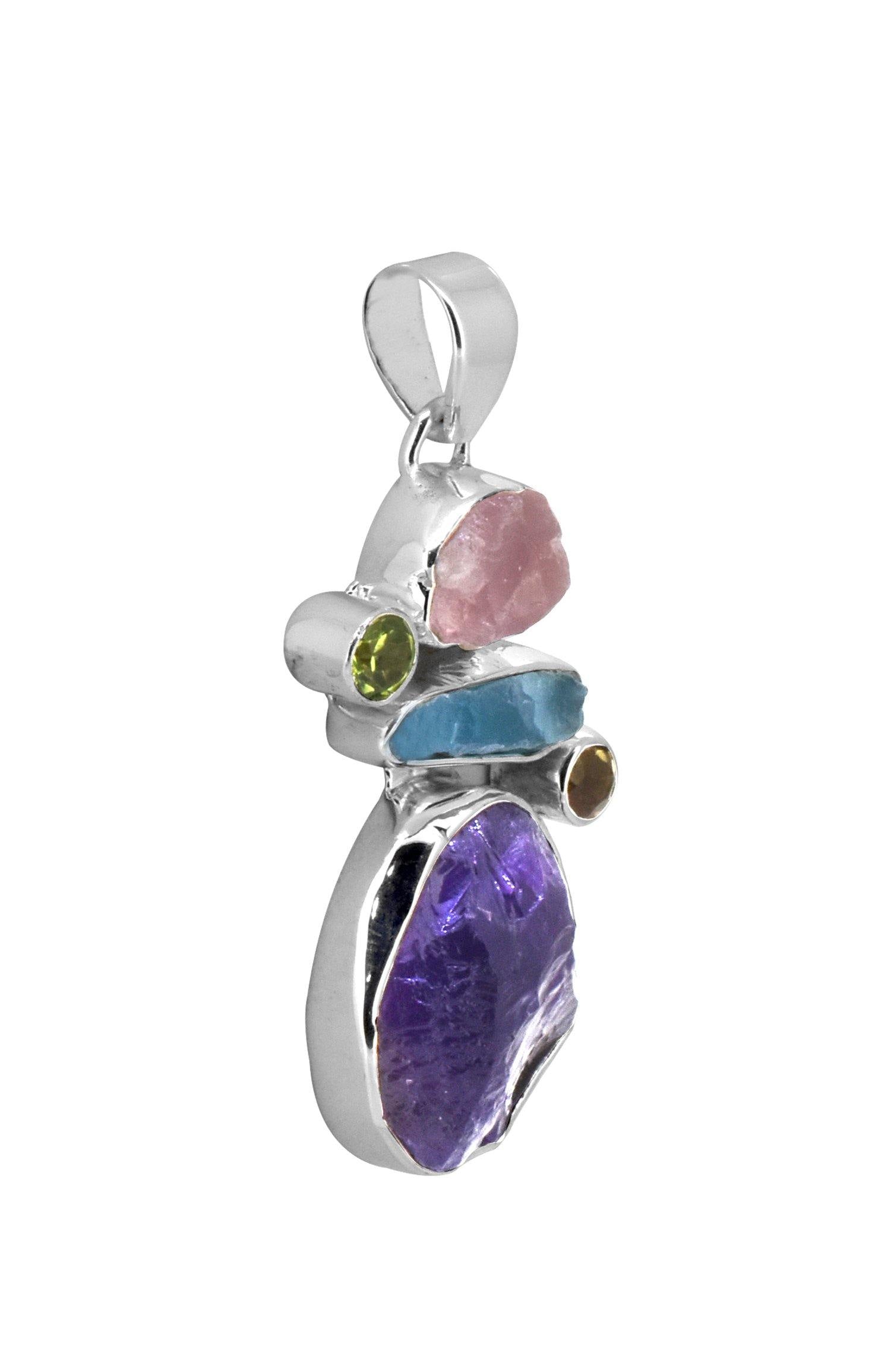 Raw Multi Gemstone Solid 925 Sterling Silver Chain Pendant Jewelry - YoTreasure