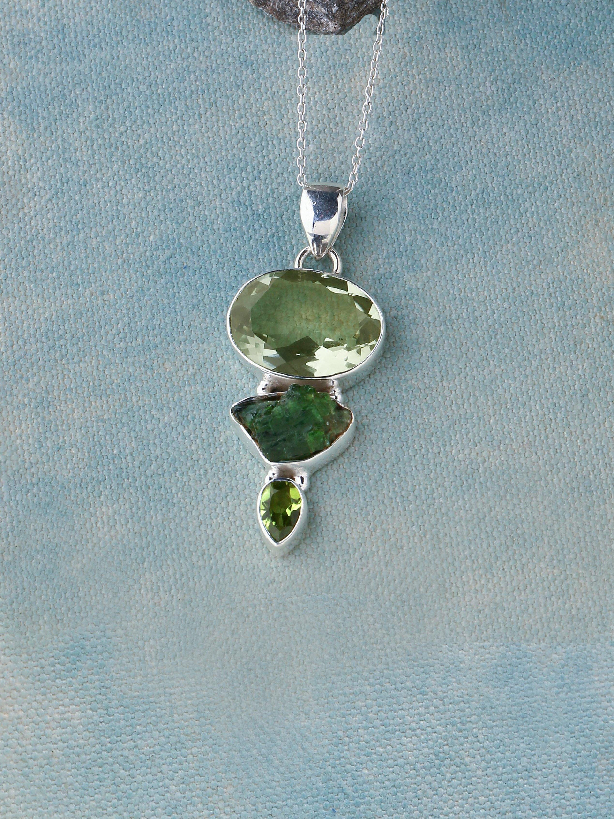 Green Amethyst Peridot Solid 925 Sterling Silver Chain Pendant Jewelry - YoTreasure