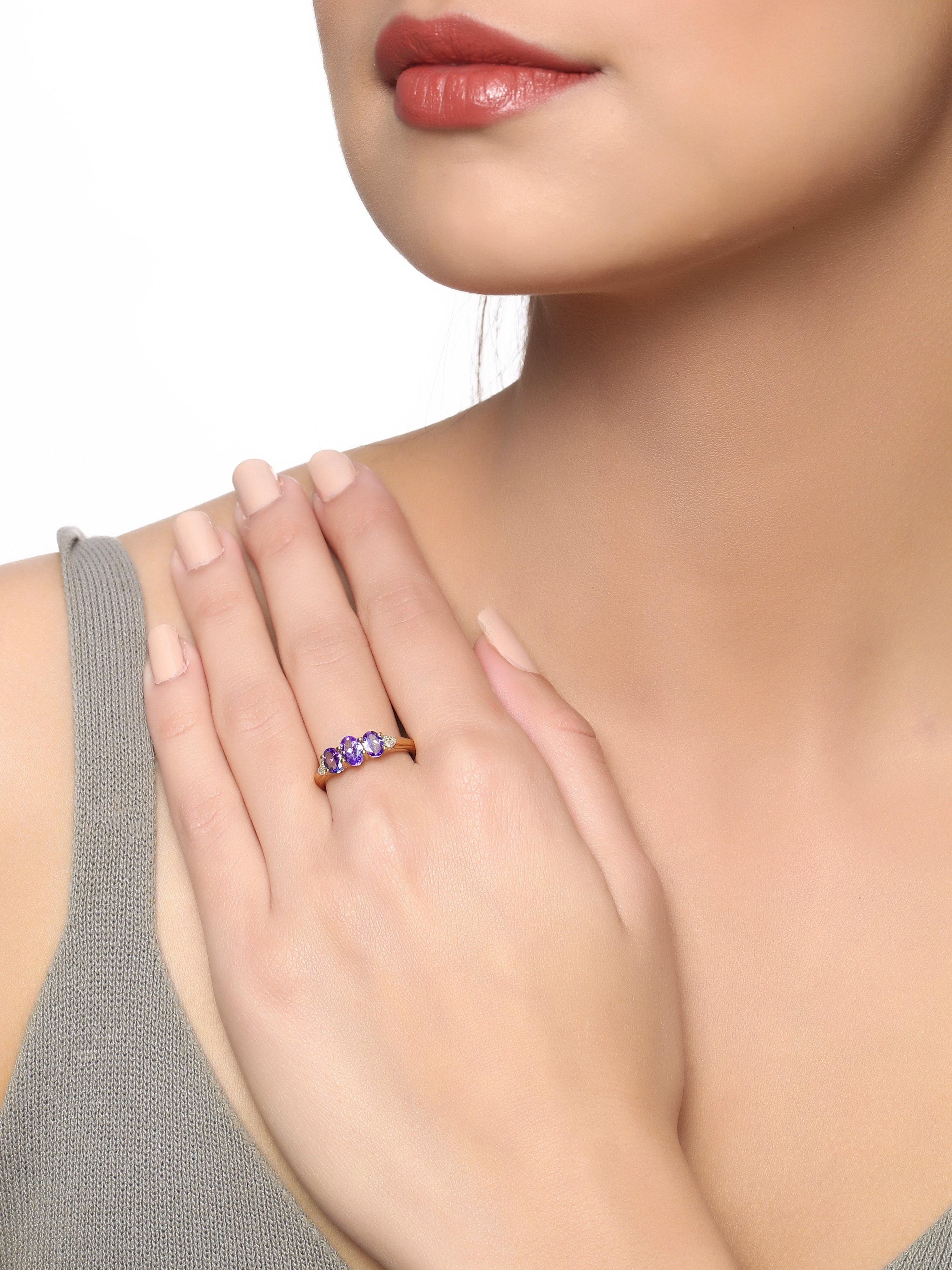 Tanzanite Solid 925 Sterling Silver Gold Plated 3 Stone Ring Jewelry - YoTreasure