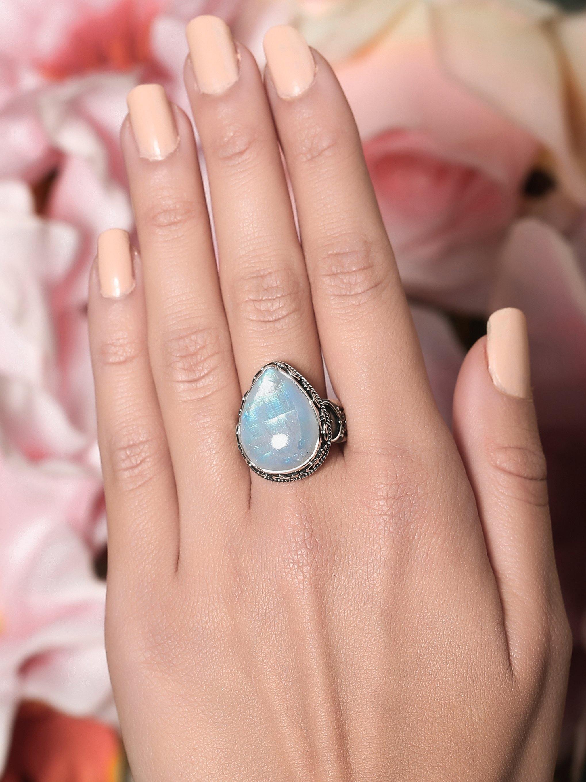 Rainbow Moonstone Ring Solid 925 Sterling Silver Jewelry - YoTreasure