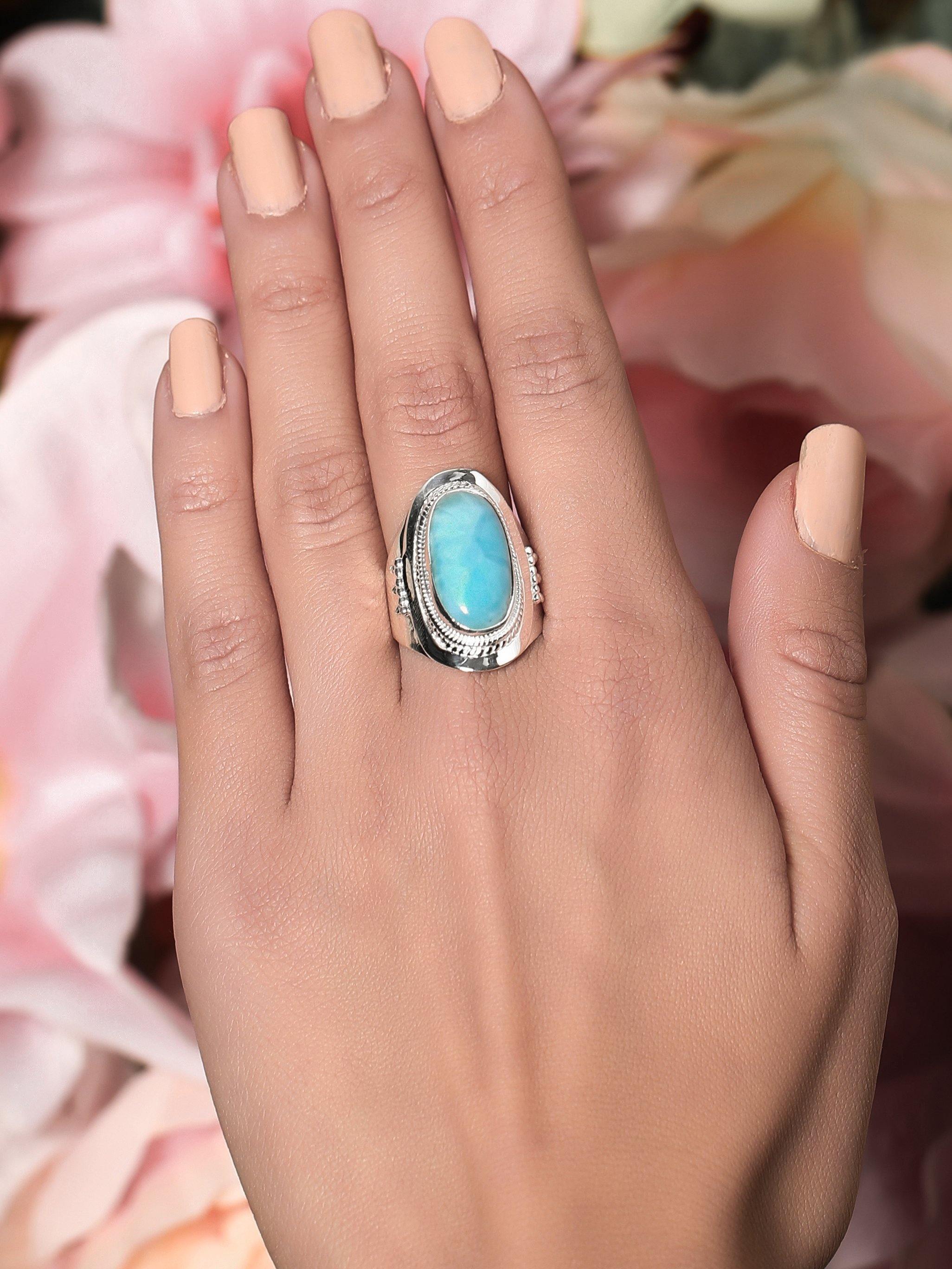 Natural Larimar Solid 925 Sterling Silver Ring Jewelry - YoTreasure