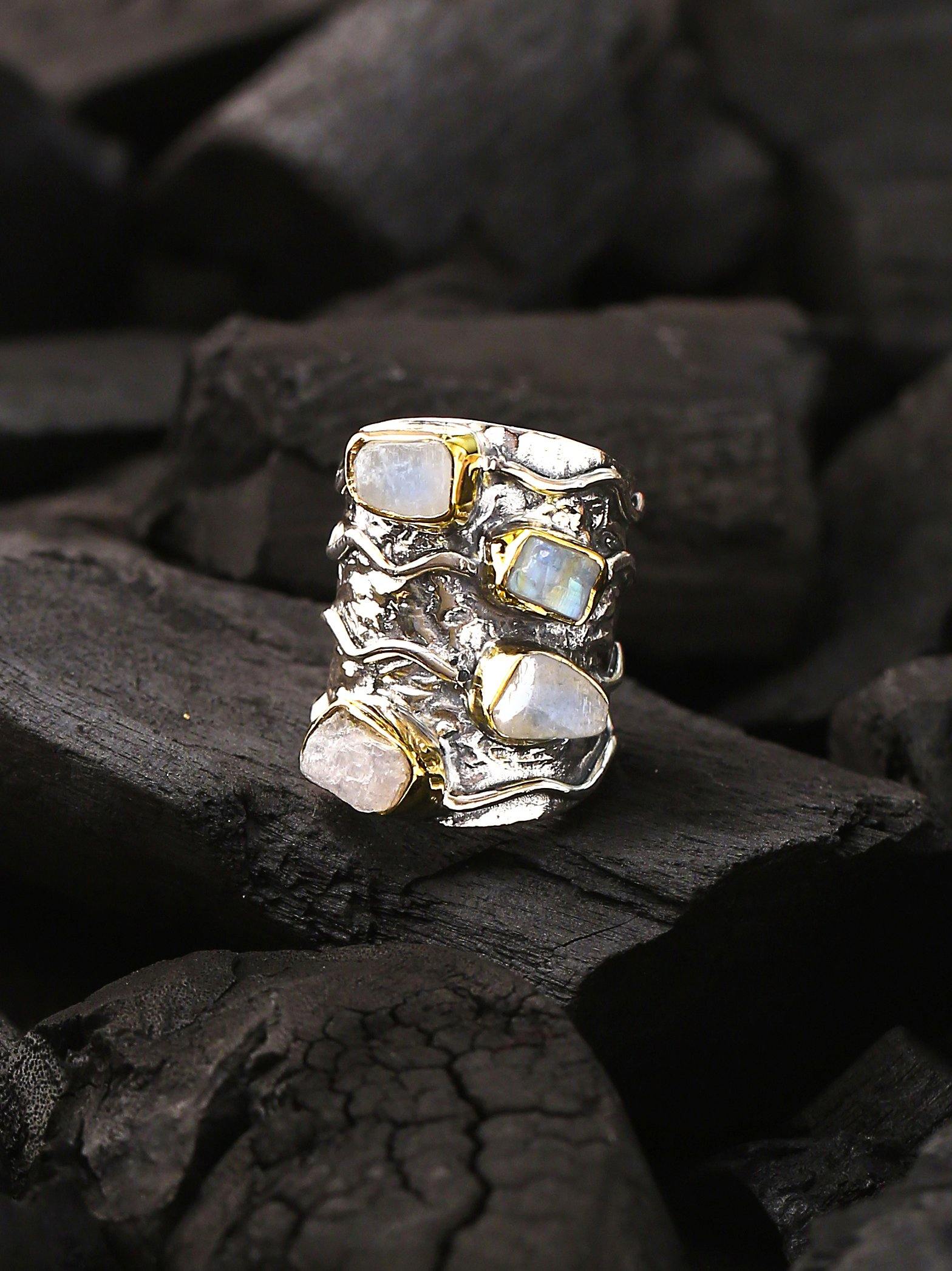 Rough Rainbow Moonstone Ring Solid 925 Sterling Silver Brass Gemstone Jewelry - YoTreasure