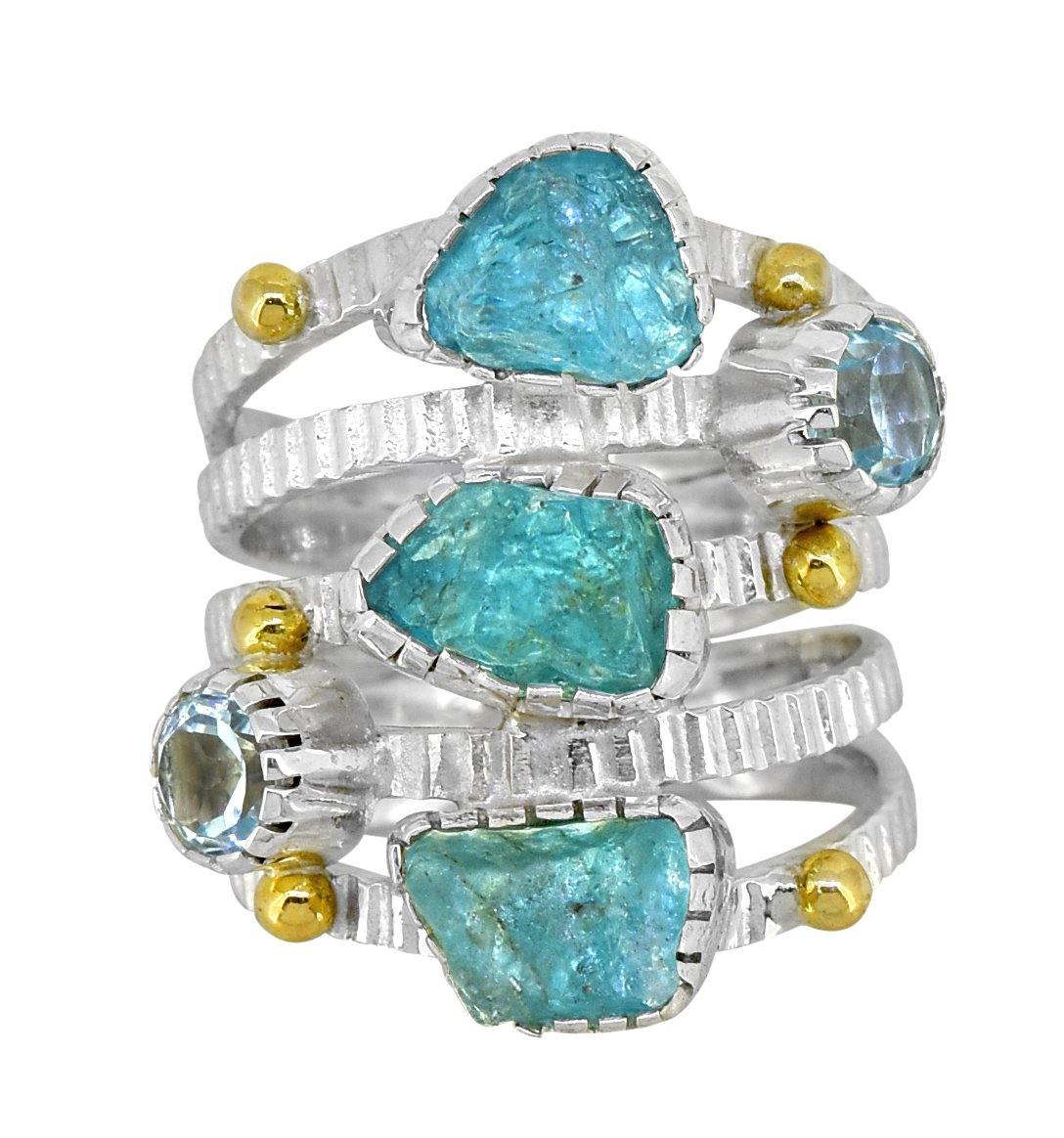 Raw Neon Apatite Solid 925 sterling Silver Brass Two Tone Bypass Ring Jewelry - YoTreasure