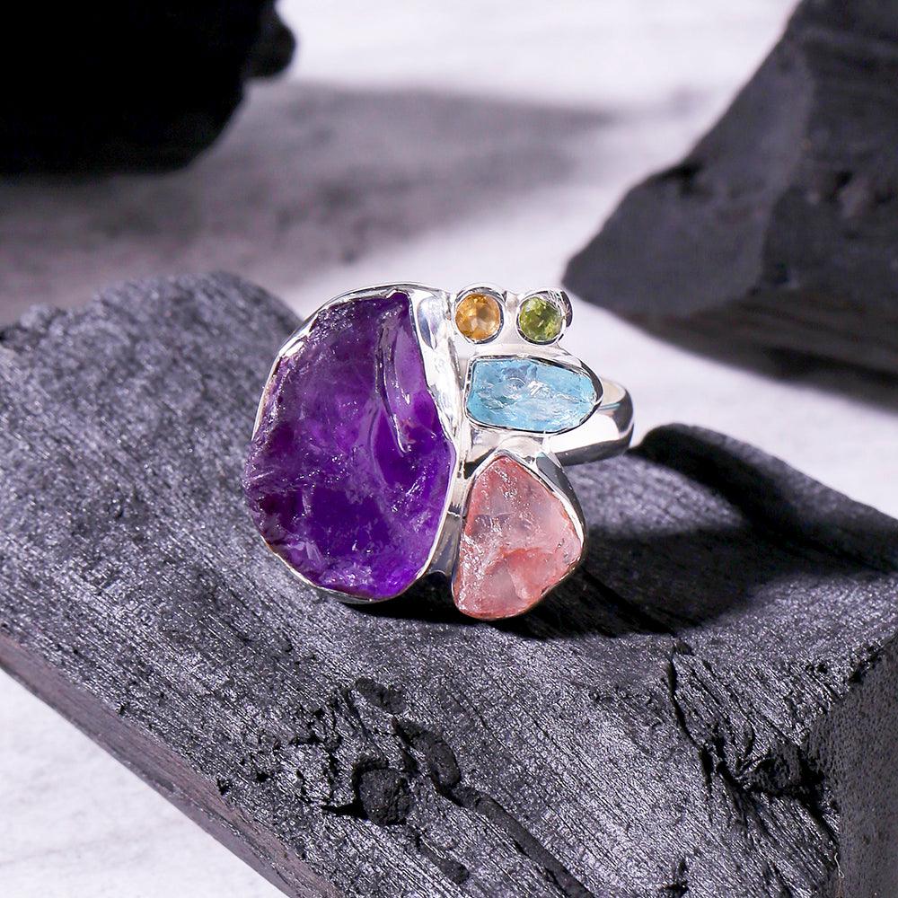 Rough Multi Gemstone Solid 925 Sterling Silver Ring Jewelry - YoTreasure