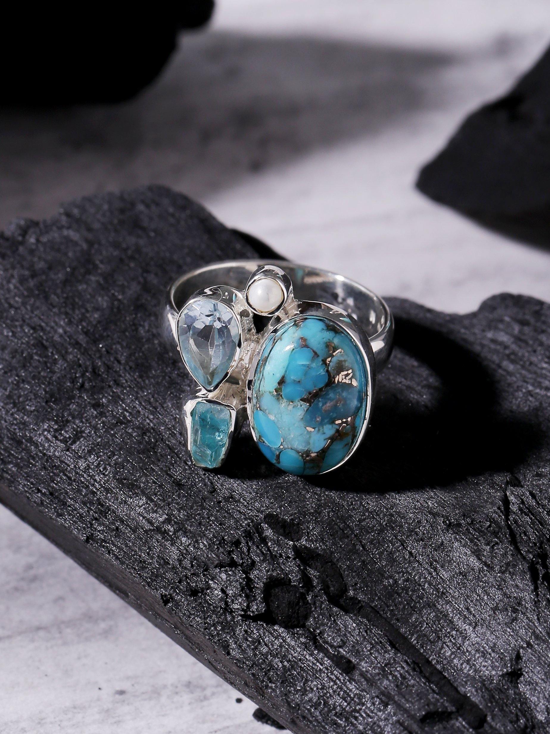 Blue Copper Turquoise Solid 925 Sterling Silver Ring Jewelry - YoTreasure