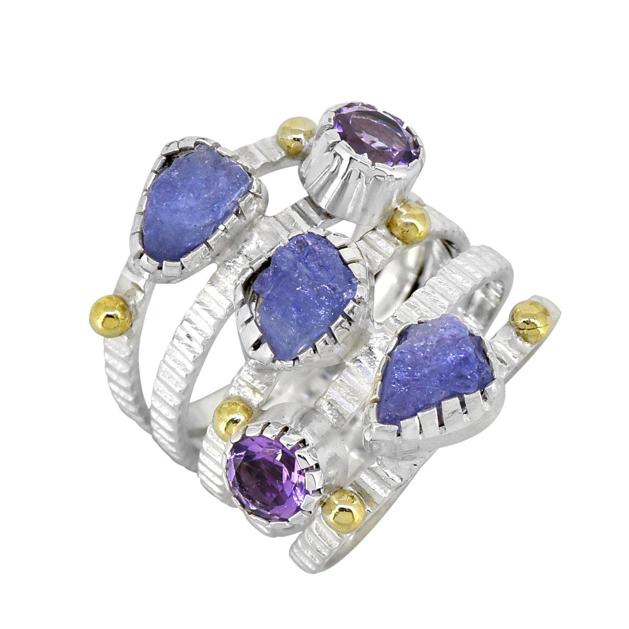 Raw Tanzanite Amethyst Solid 925 sterling Silver Brass Two Tone Bypass Ring Jewelry - YoTreasure
