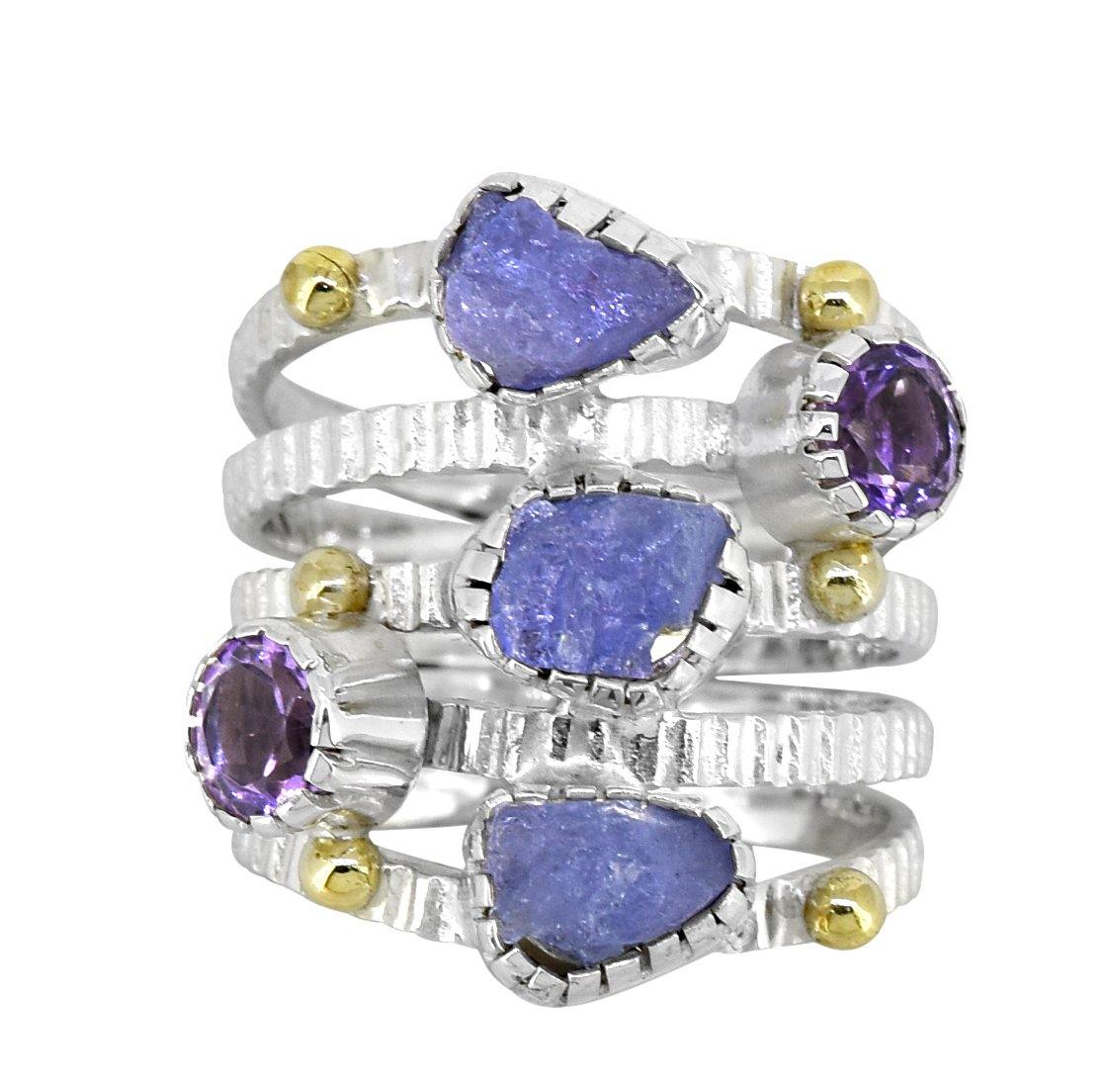 Raw Tanzanite Amethyst Solid 925 sterling Silver Brass Two Tone Bypass Ring Jewelry - YoTreasure