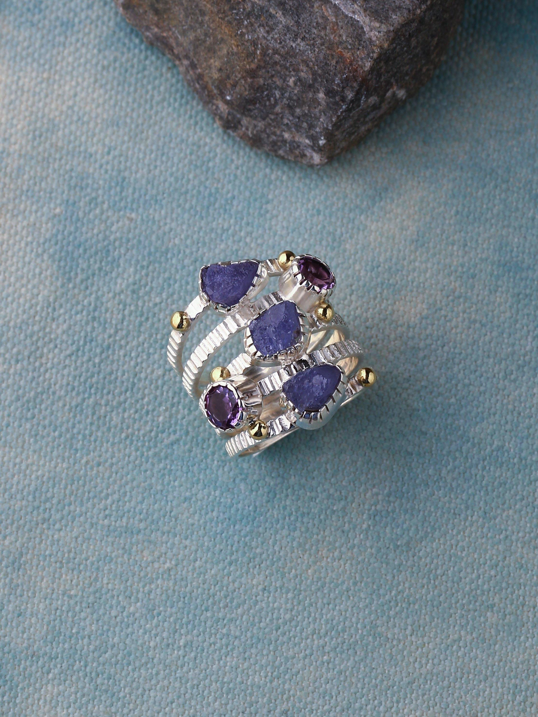 Raw Tanzanite Amethyst Solid 925 sterling Silver Brass Two Tone Bypass Ring Jewelry - YoTreasure