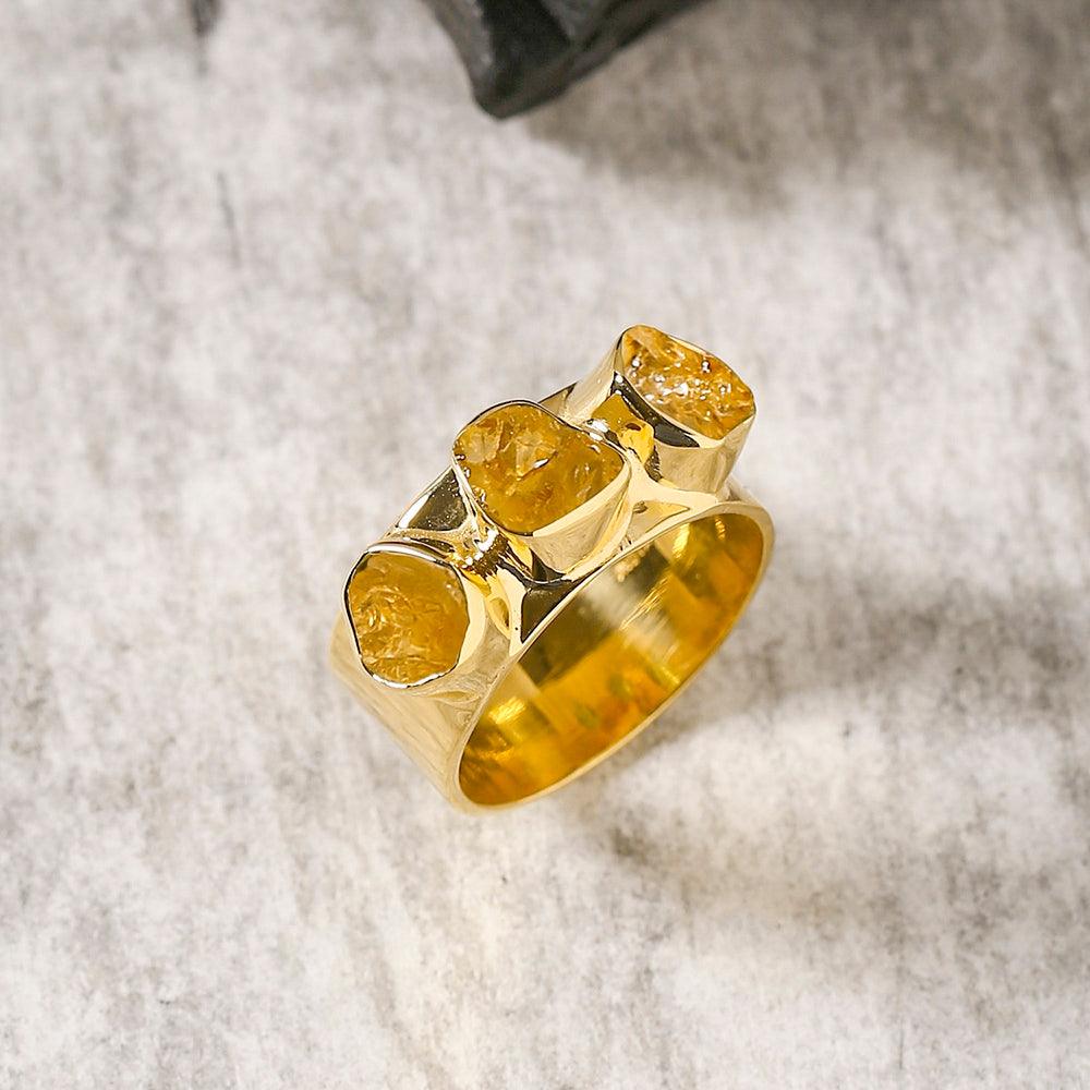 Rough Citrine Solid 925 Sterling Silver Gold Plated Ring Jewelry - YoTreasure