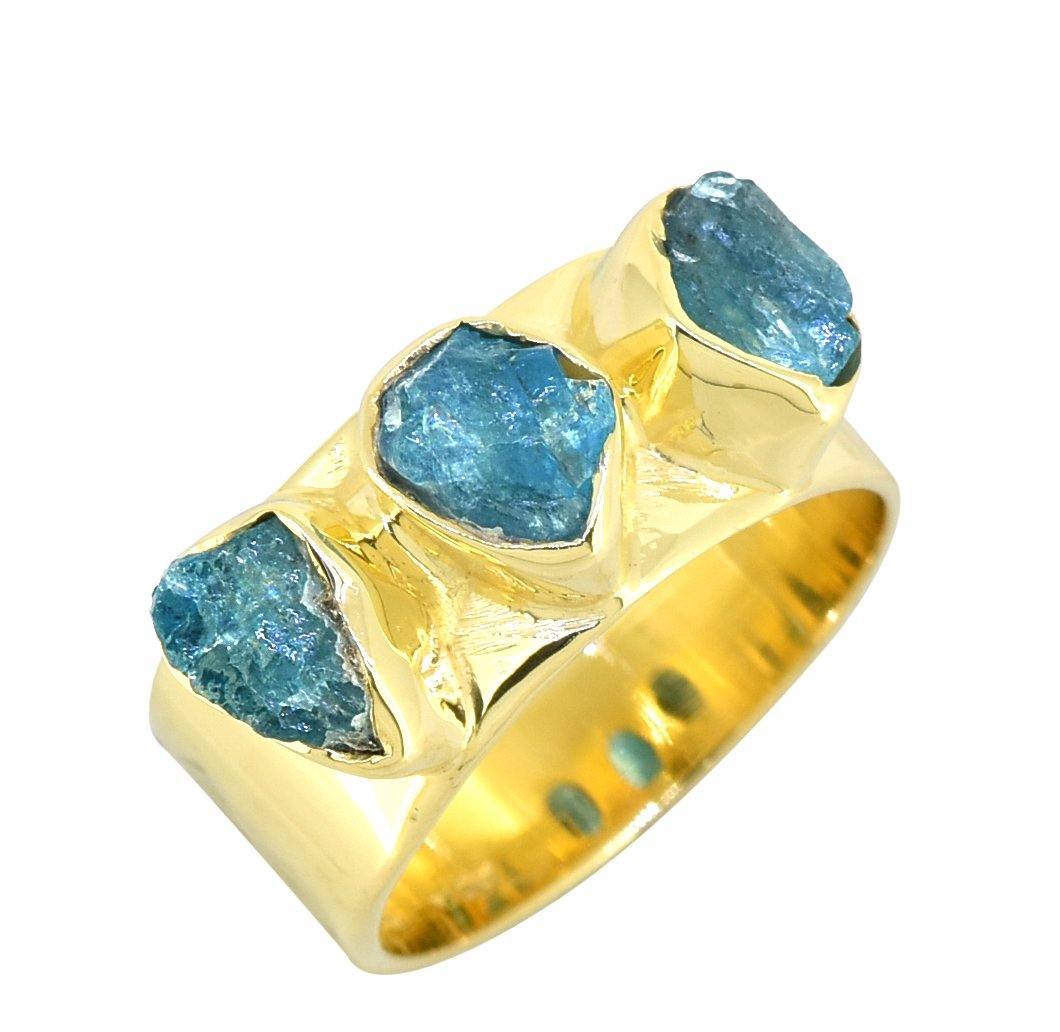 Rough Neon Apatite Solid 925 Sterling Silver Gold Plated Ring Jewelry - YoTreasure