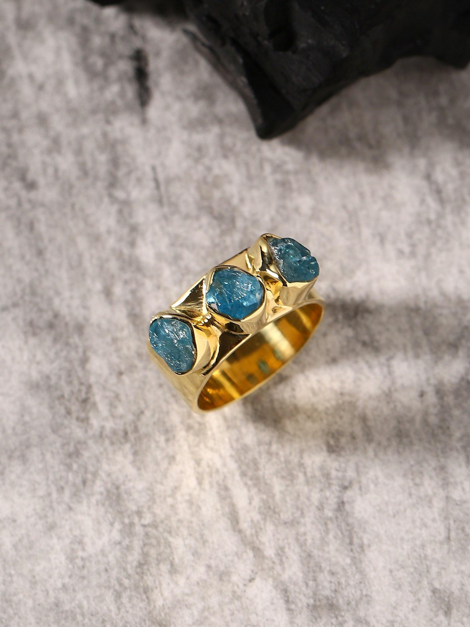 Rough Neon Apatite Solid 925 Sterling Silver Gold Plated Ring Jewelry - YoTreasure
