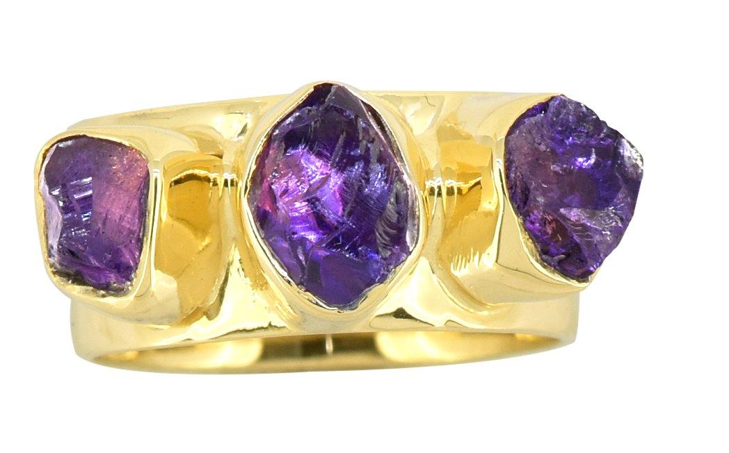 Rough Amethyst Solid 925 Sterling Silver Gold Plated Ring Jewelry - YoTreasure