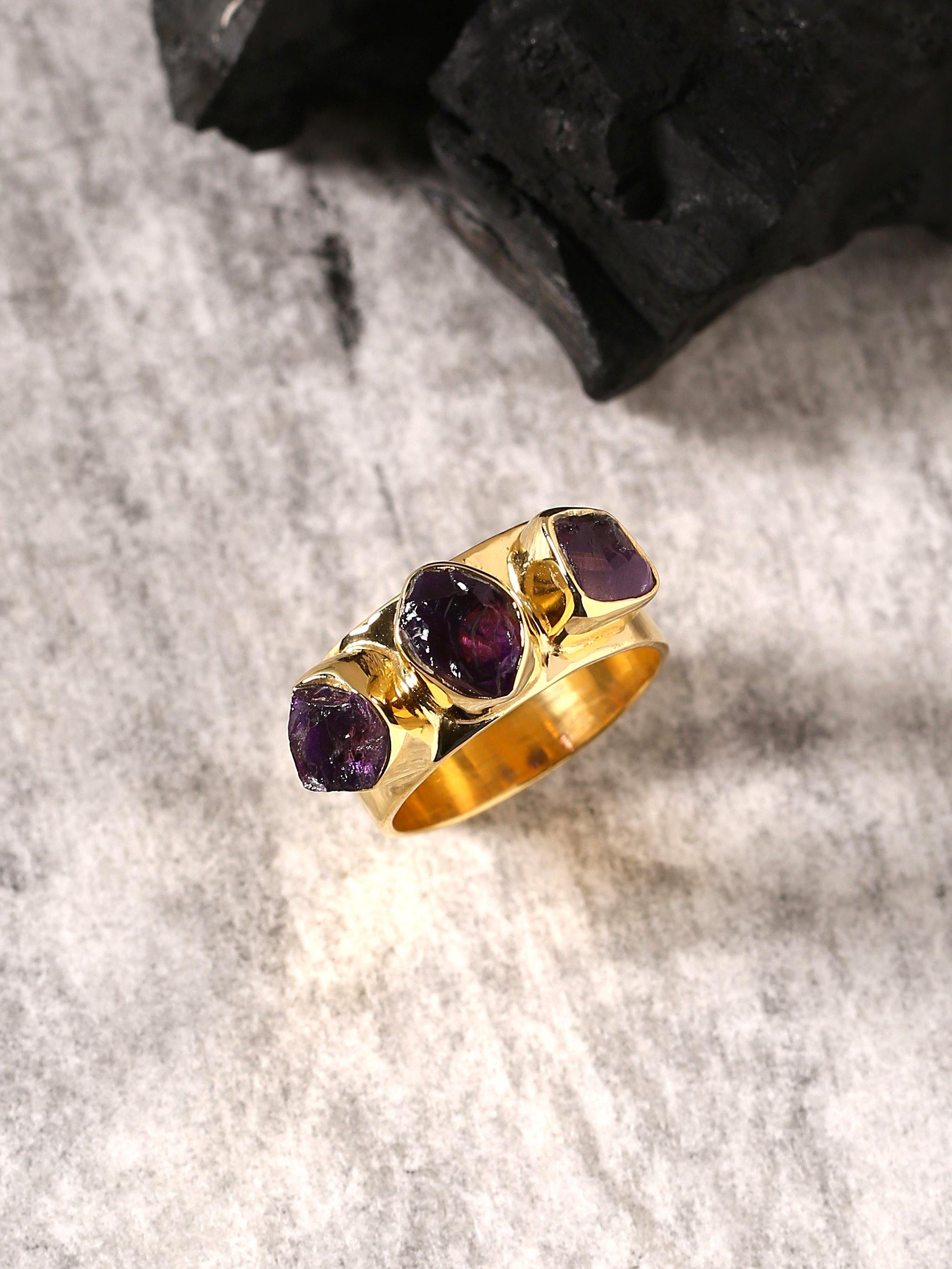 Rough Amethyst Solid 925 Sterling Silver Gold Plated Ring Jewelry - YoTreasure