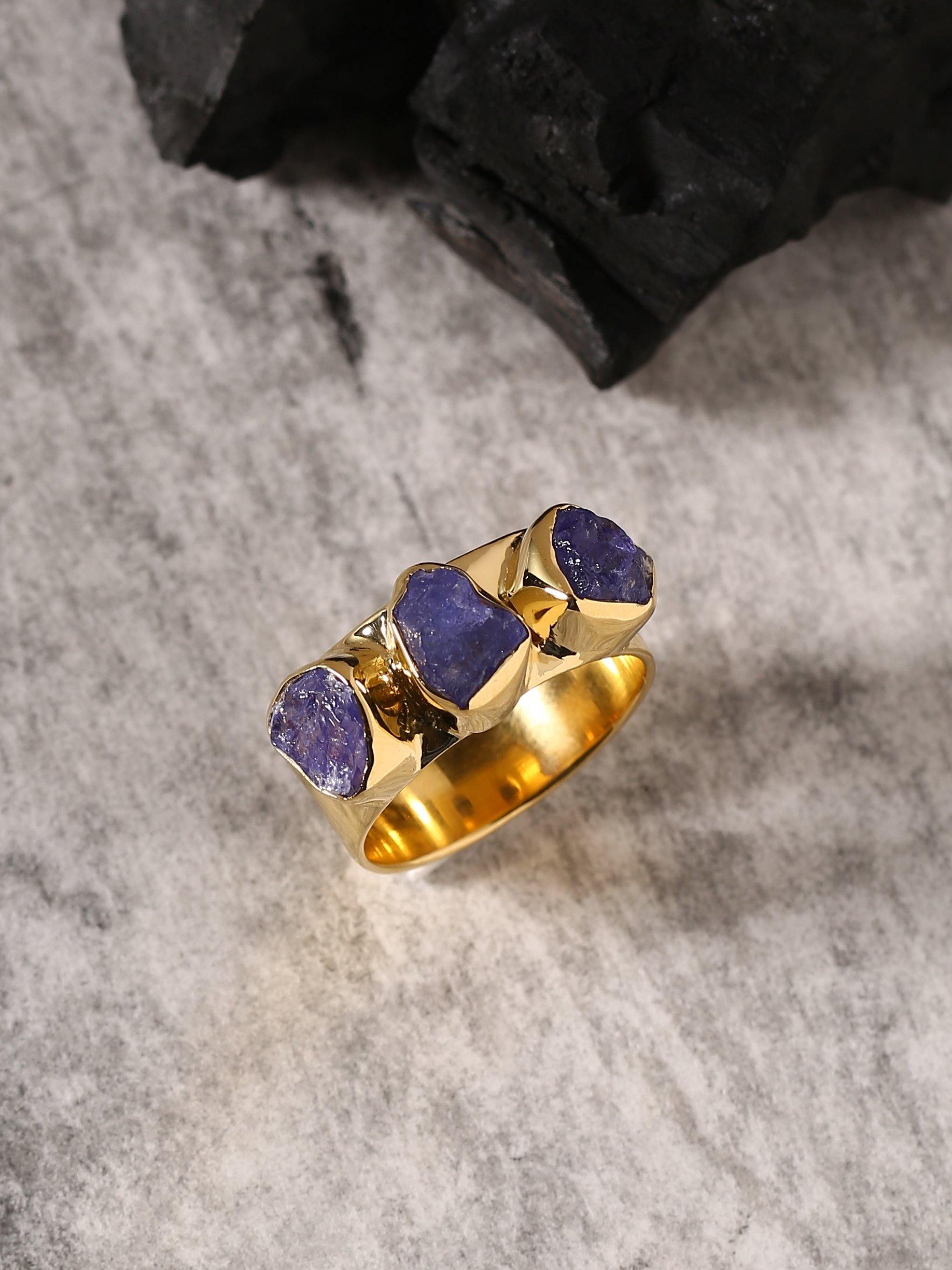 Rough Tanzanite Solid 925 Sterling Silver Gold Plated Ring Jewelry - YoTreasure