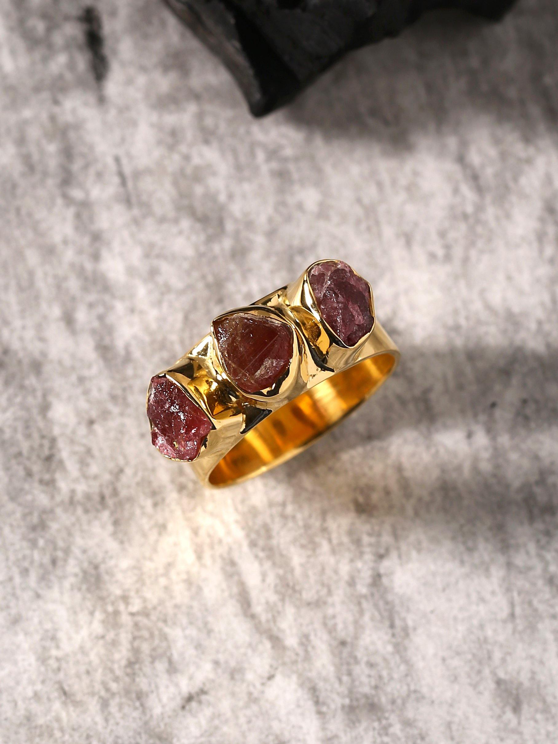 Rough Pink Tourmaline Solid 925 Sterling Silver Gold Plated Ring Jewelry - YoTreasure