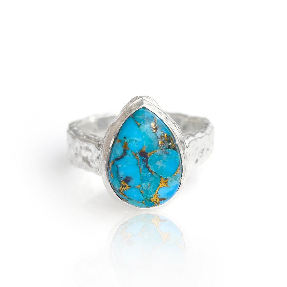 Pear Blue Copper Turquoise Solid 925 Sterling Silver Hammered Finish Ring Jewelry - YoTreasure