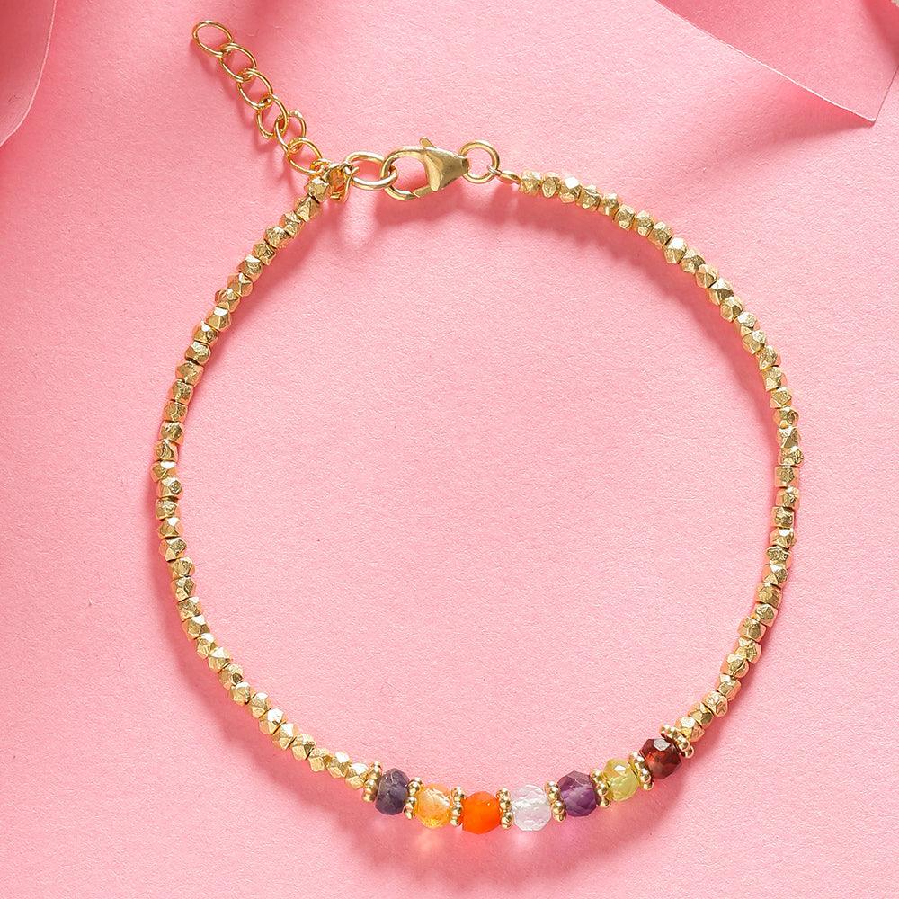 Chakra Stone Solid 925 Sterling Silver Gold Plated Link Chain Bracelet 8" - YoTreasure