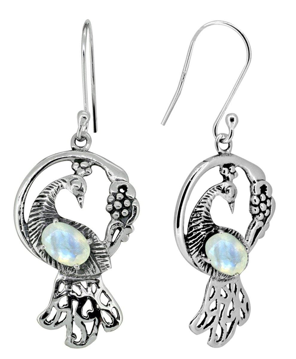 Moonstone Solid 925 Sterling Silver Peacock Earrings - YoTreasure