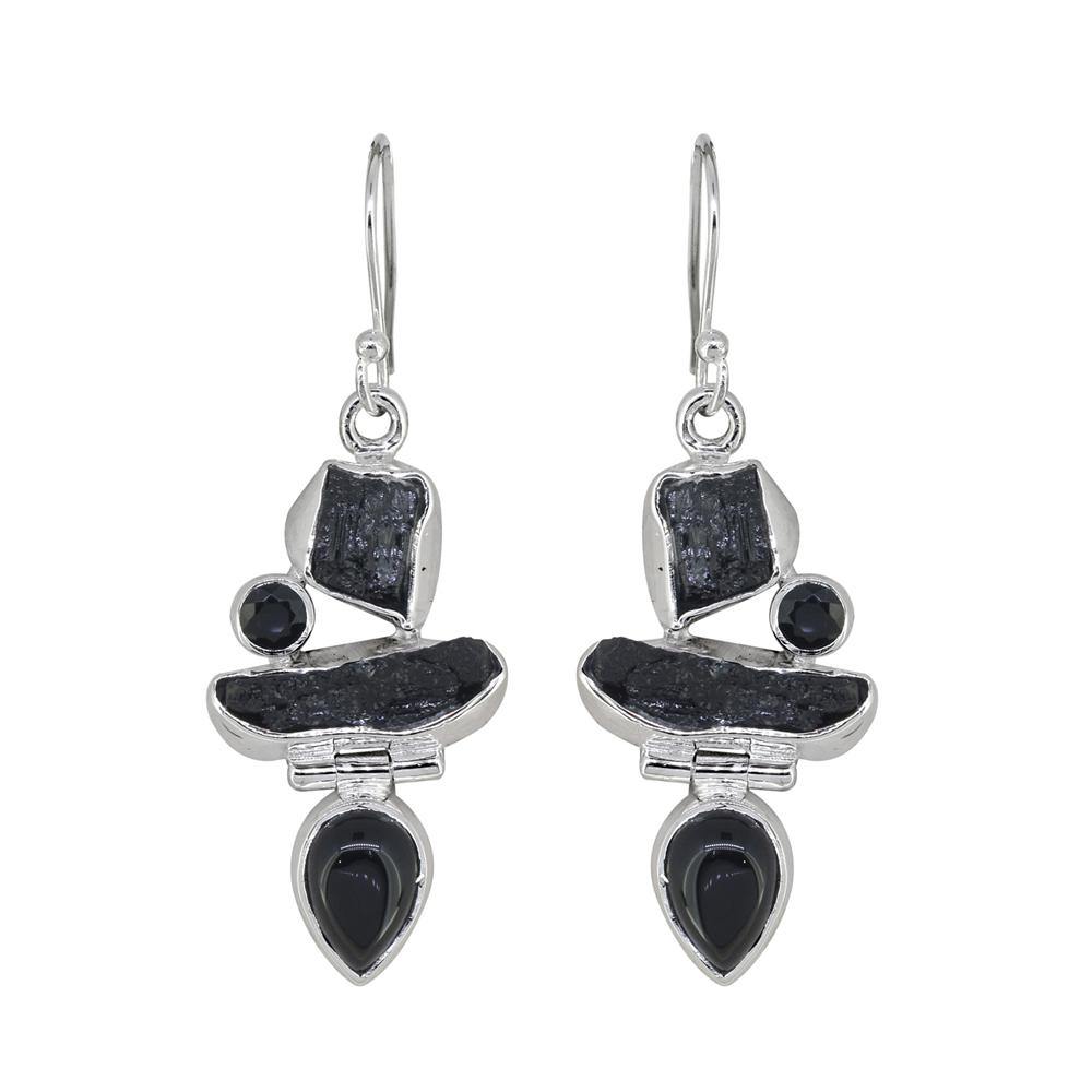 Rough Tourmaline Black Onyx Solid 925 Sterling Silver Dangle Earrings - YoTreasure