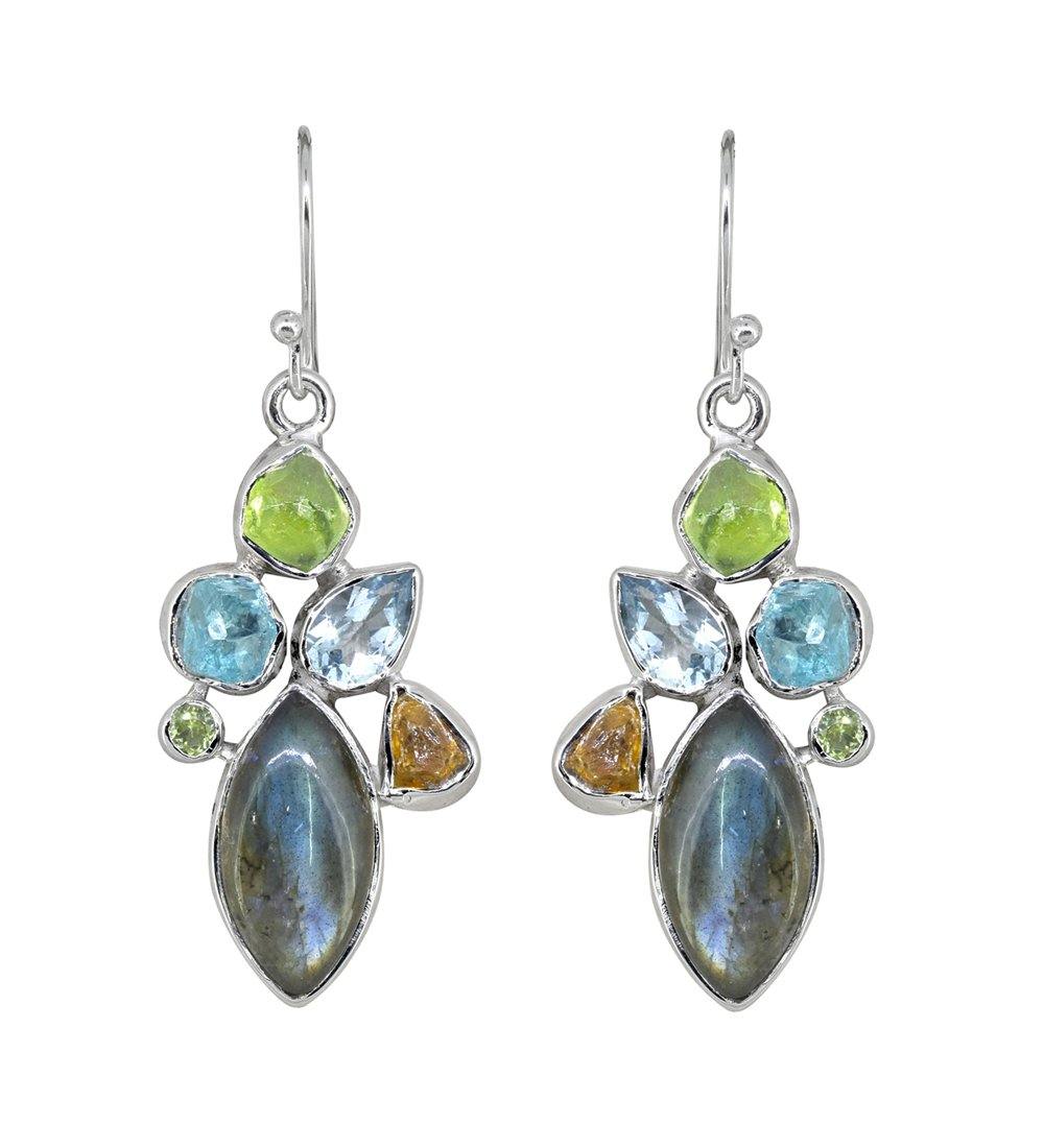 Labradorite Multi Gemstone Solid 925 Sterling Silver Dangle Earrings Jewelry - YoTreasure